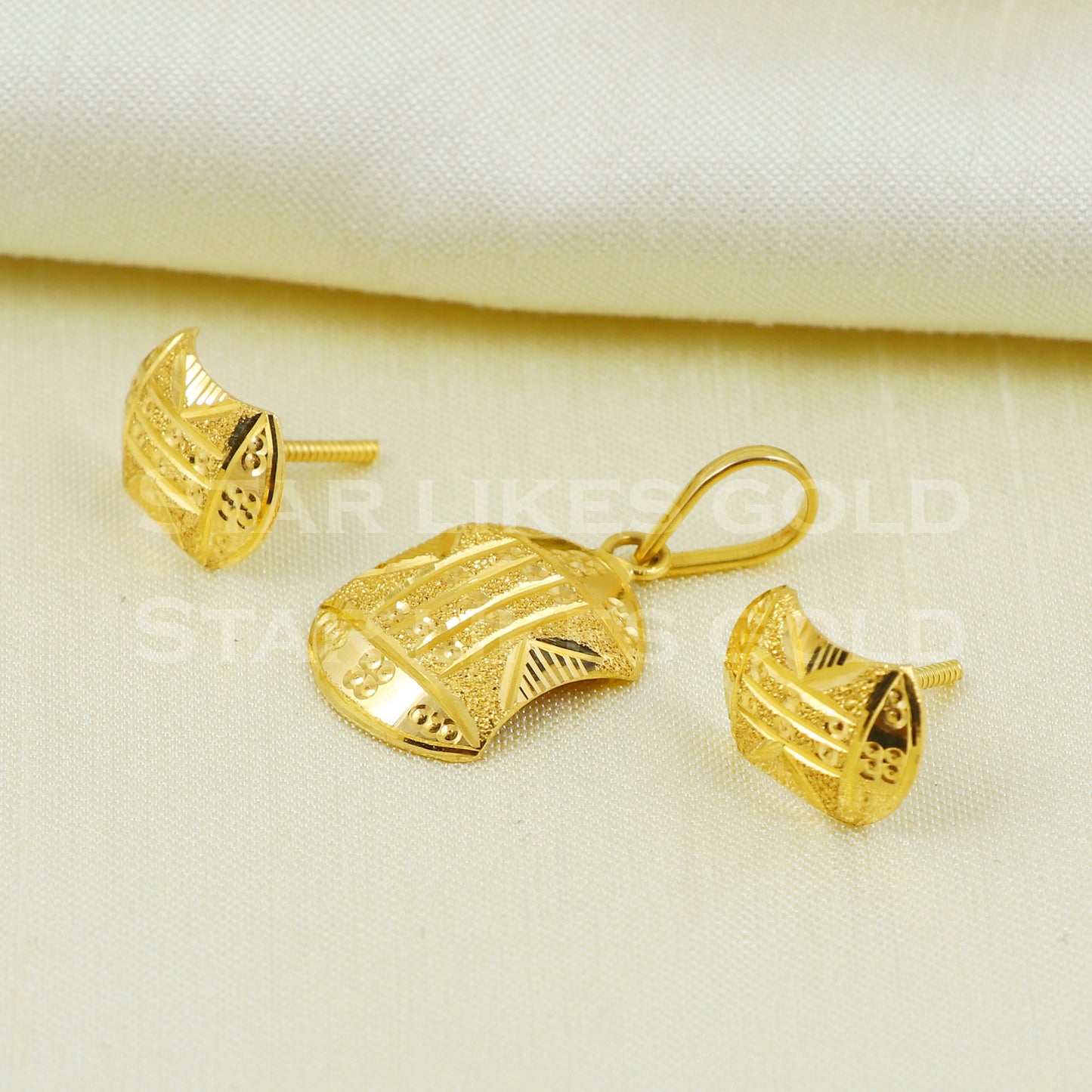 18k Yellow Gold Earrings Pendant Set Handmade Jewelry B1097