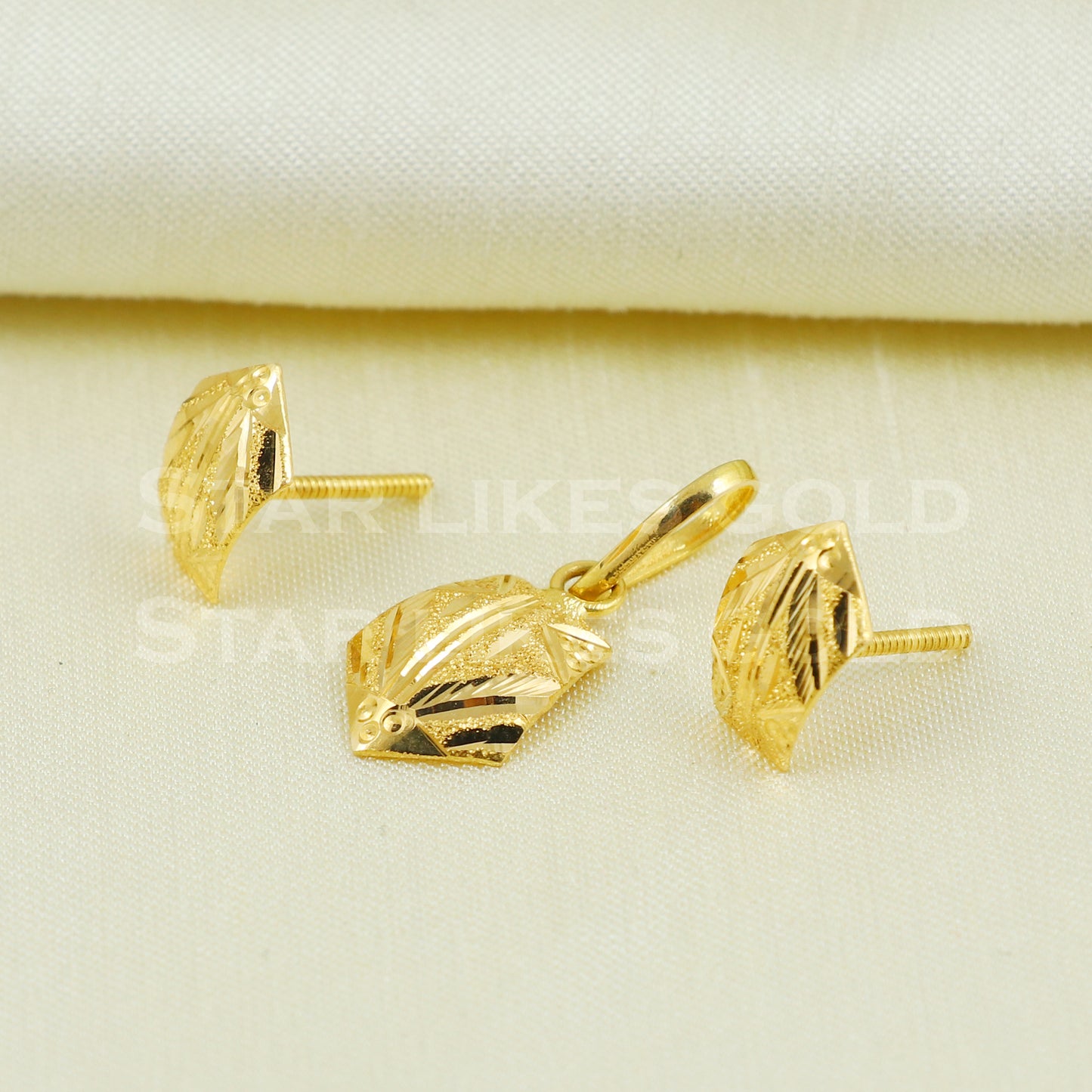 18k Yellow Gold Earrings Pendant Set Handmade Jewelry B1098