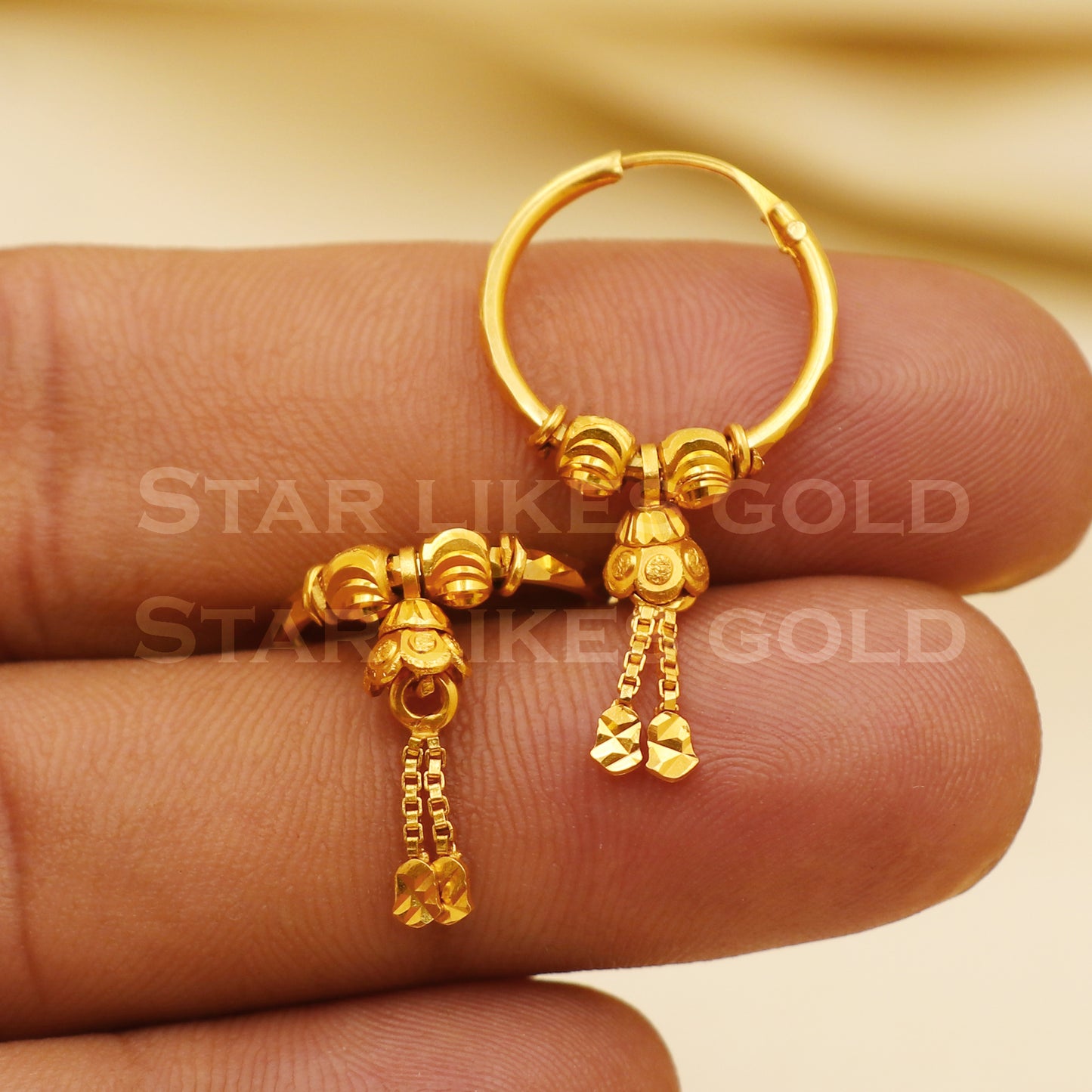18 karat 18k gold bali Beads hoop earrings, B1515