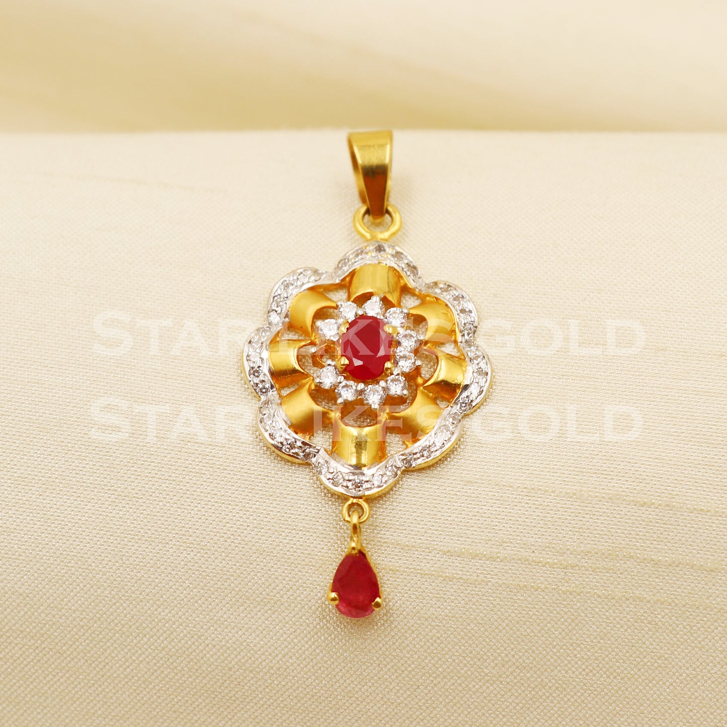 Zircon Ruby 22k Yellow Gold Handmade Pendant Jewelry, PR1175