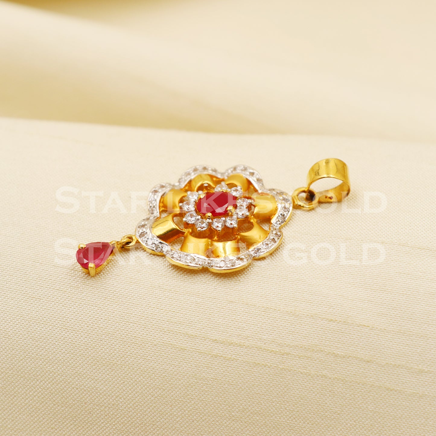 Zircon Ruby 22k Yellow Gold Handmade Pendant Jewelry, PR1175