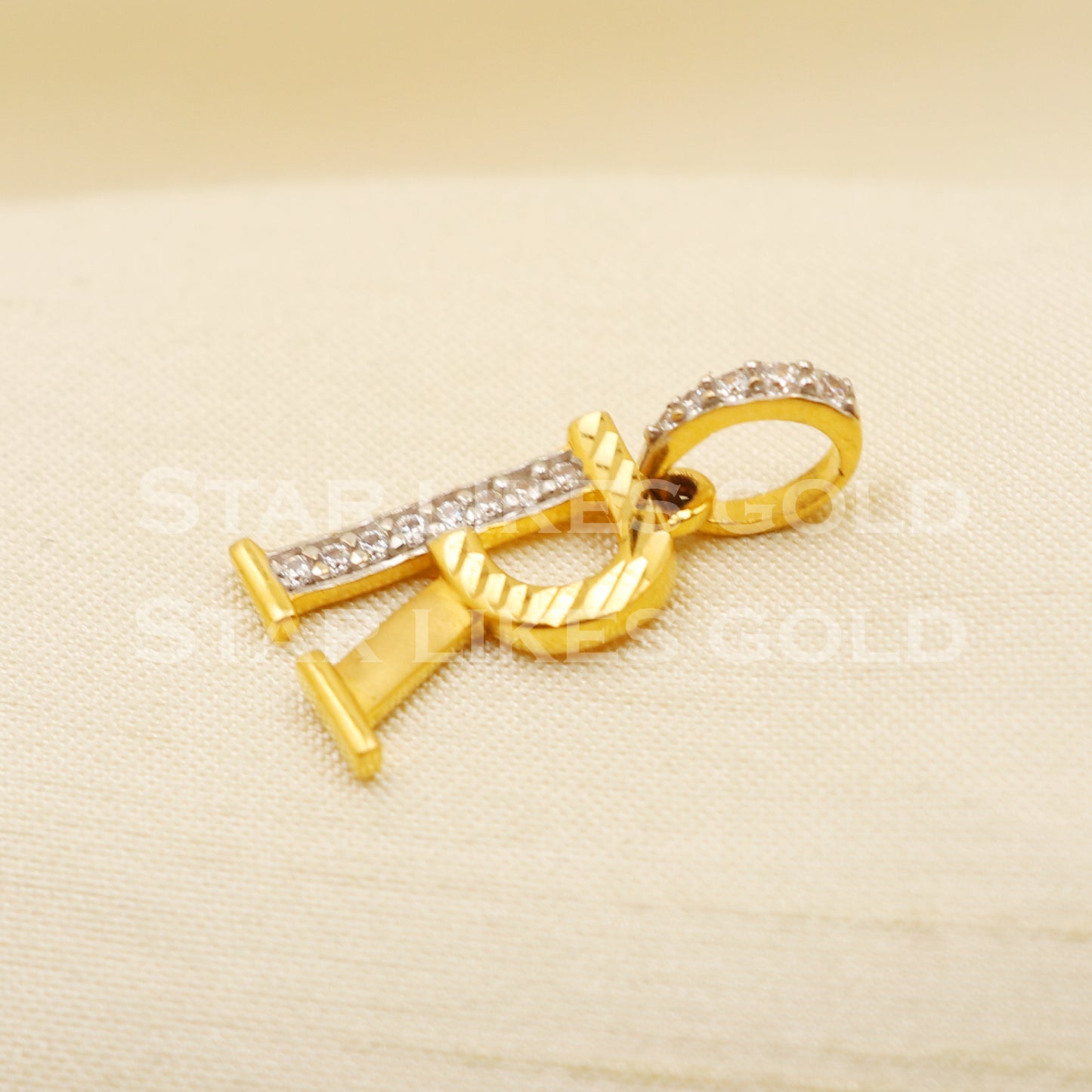 R Name Initial Zircon 22k Yellow Gold Handmade Charms Pendant light weight Jewelry, PR1198