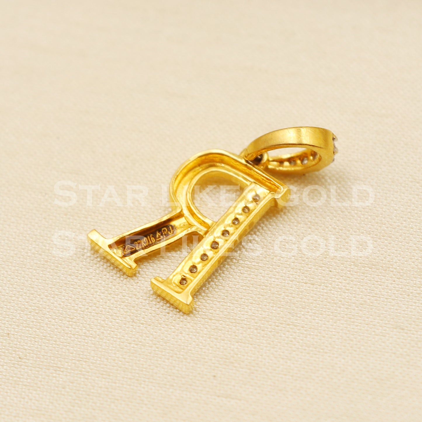 R Name Initial Zircon 22k Yellow Gold Handmade Charms Pendant light weight Jewelry, PR1198