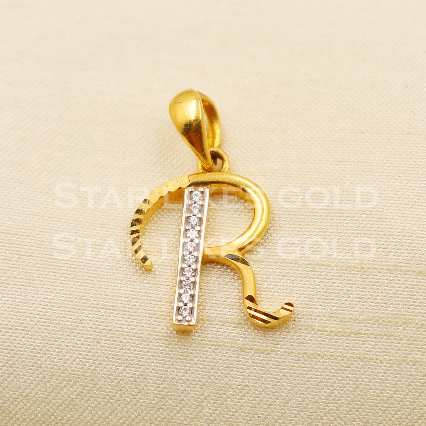 R Name Initial Zircon 22k Yellow Gold Handmade Charms Pendant light weight Jewelry, PR1201