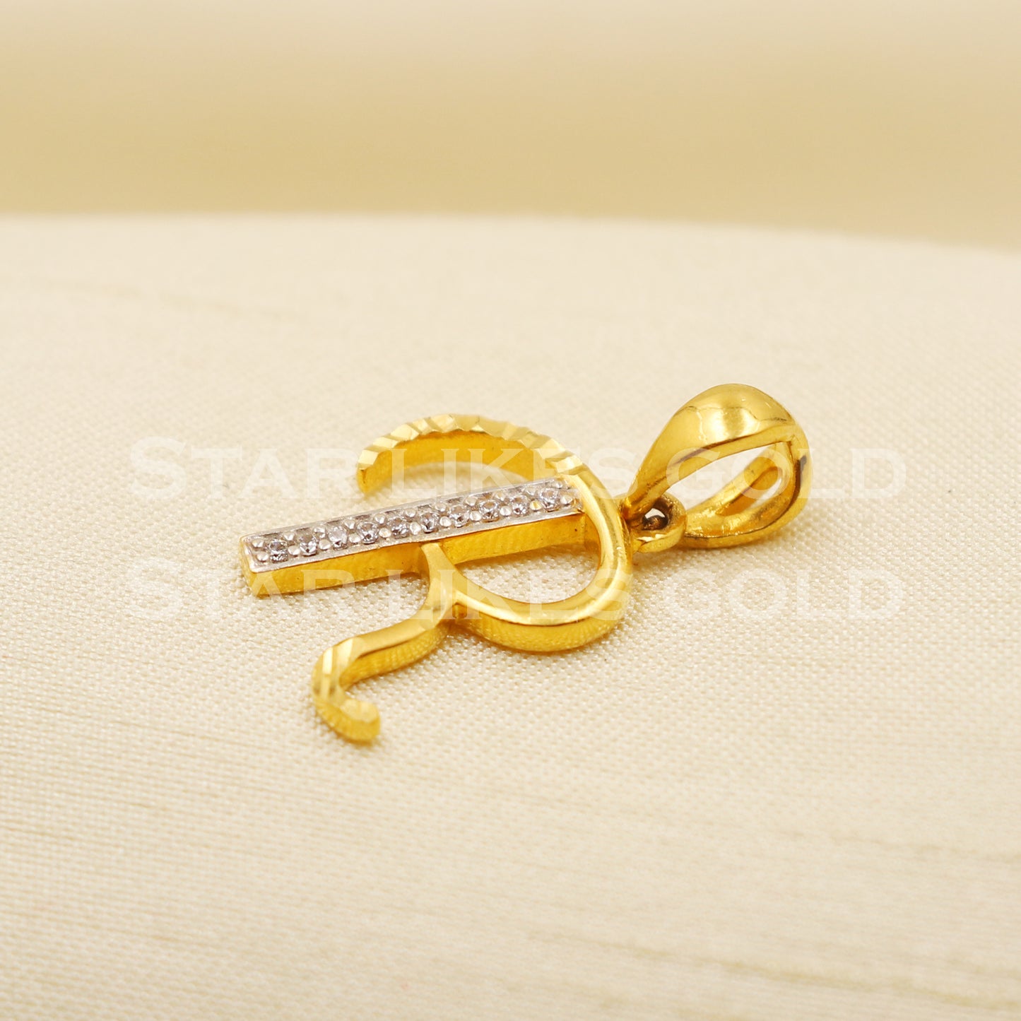 R Name Initial Zircon 22k Yellow Gold Handmade Charms Pendant light weight Jewelry, PR1201