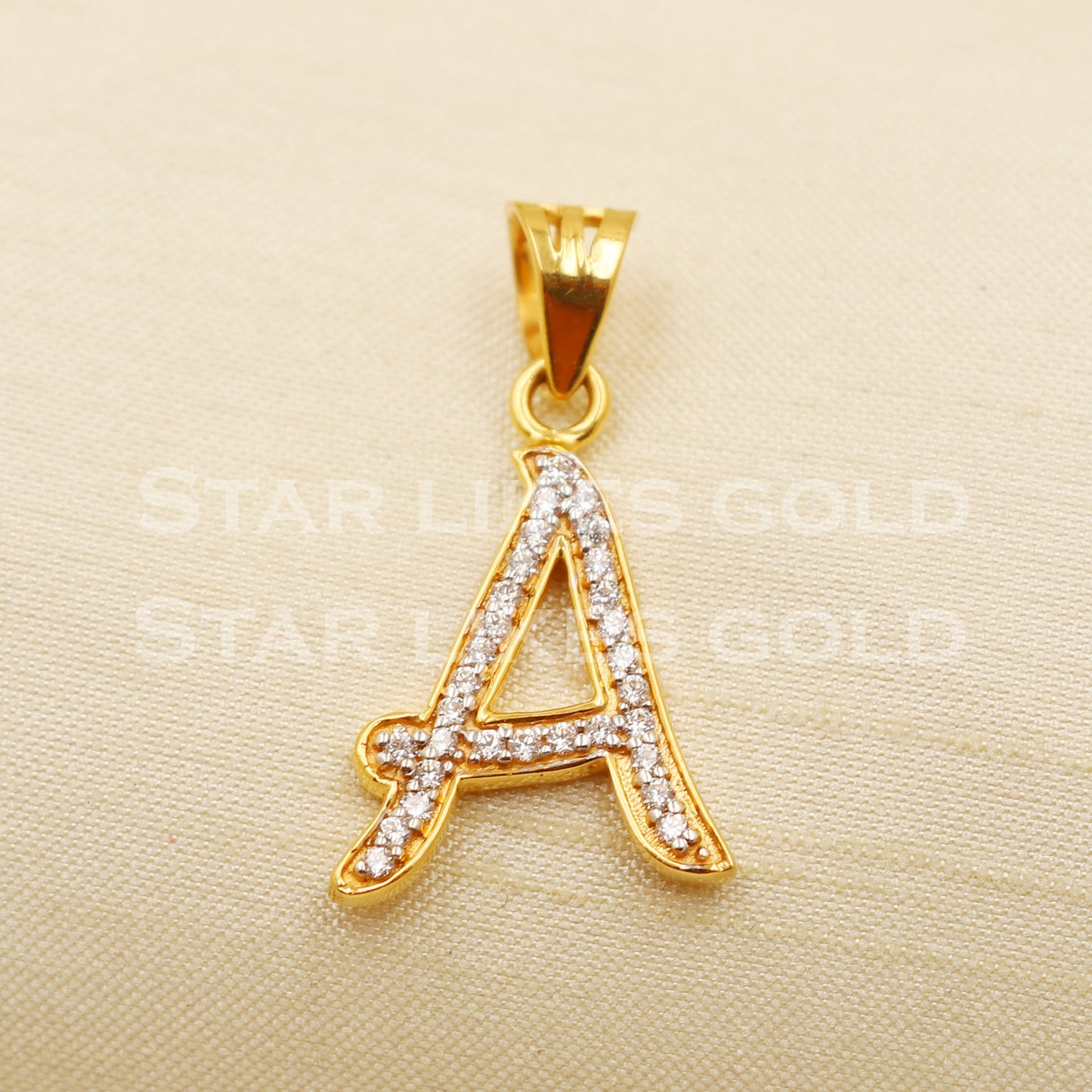 A Name Initial Zircon 22k Yellow Gold Handmade Charms Pendant light weight Jewelry, PR1202