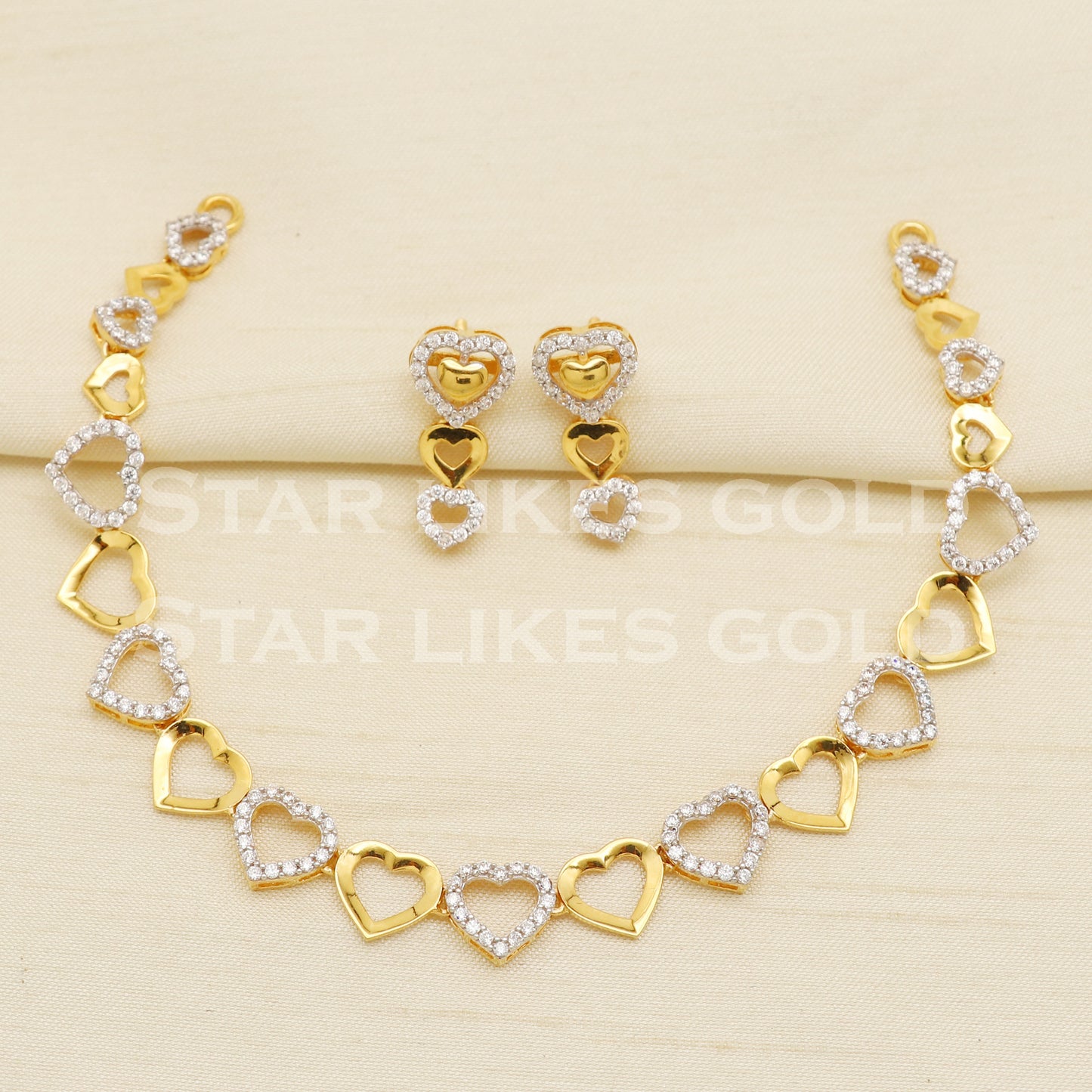 Heart 22KT 22 Karat GOLD NECKLACE Earrings set Zircons Jewelry, Indian jewelry, Perfect Gift for Loved Ones, PR1421