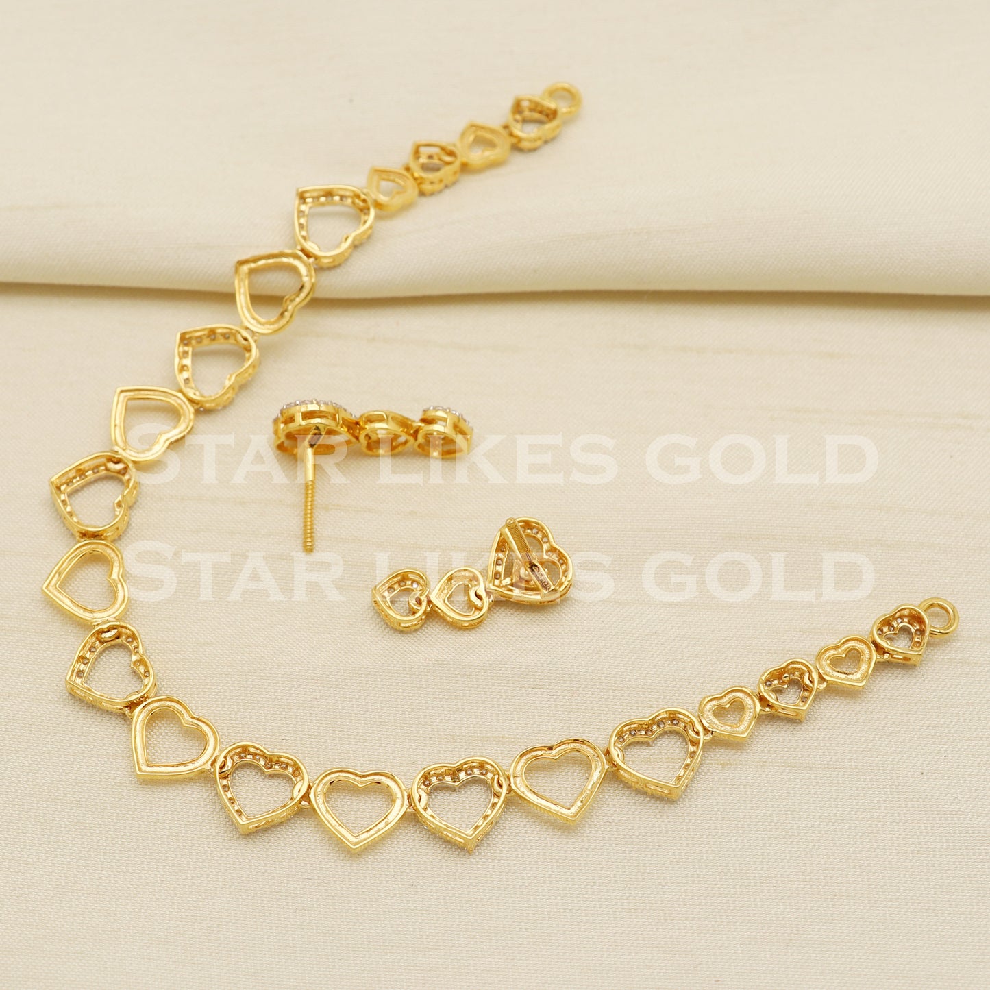 Heart 22KT 22 Karat GOLD NECKLACE Earrings set Zircons Jewelry, Indian jewelry, Perfect Gift for Loved Ones, PR1421