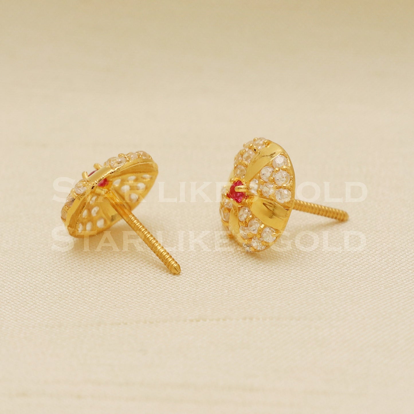 Hallmark 18k Gold Floral Stud Earrings with Red & White Stones, B1179