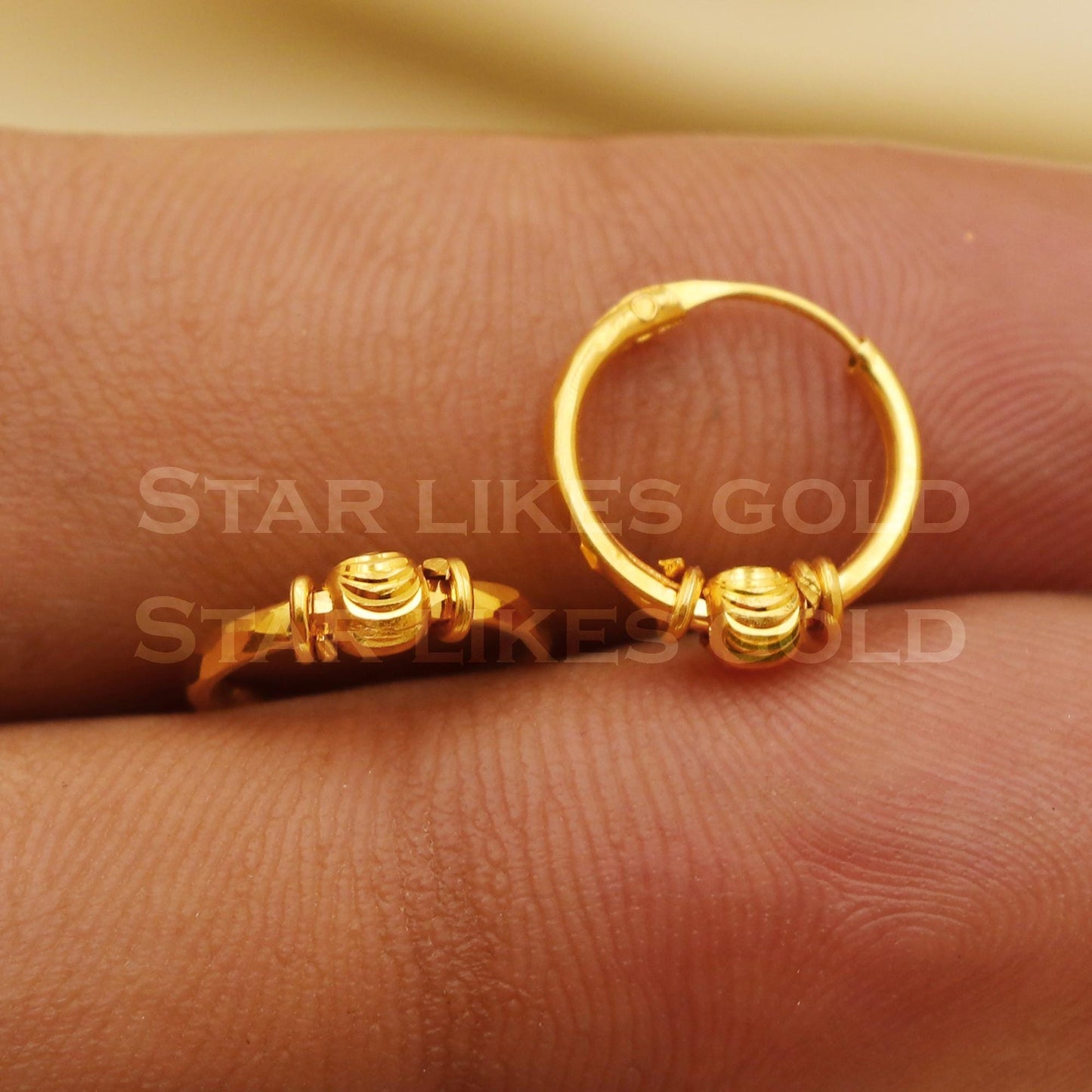 18K Gold Engraved Bead Hoop Earrings | Minimalist High-Polish Jewelry Gift, B1510