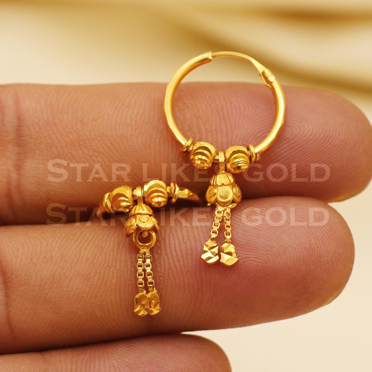 18 karat 18k gold bali Beads hoop earrings, B1515