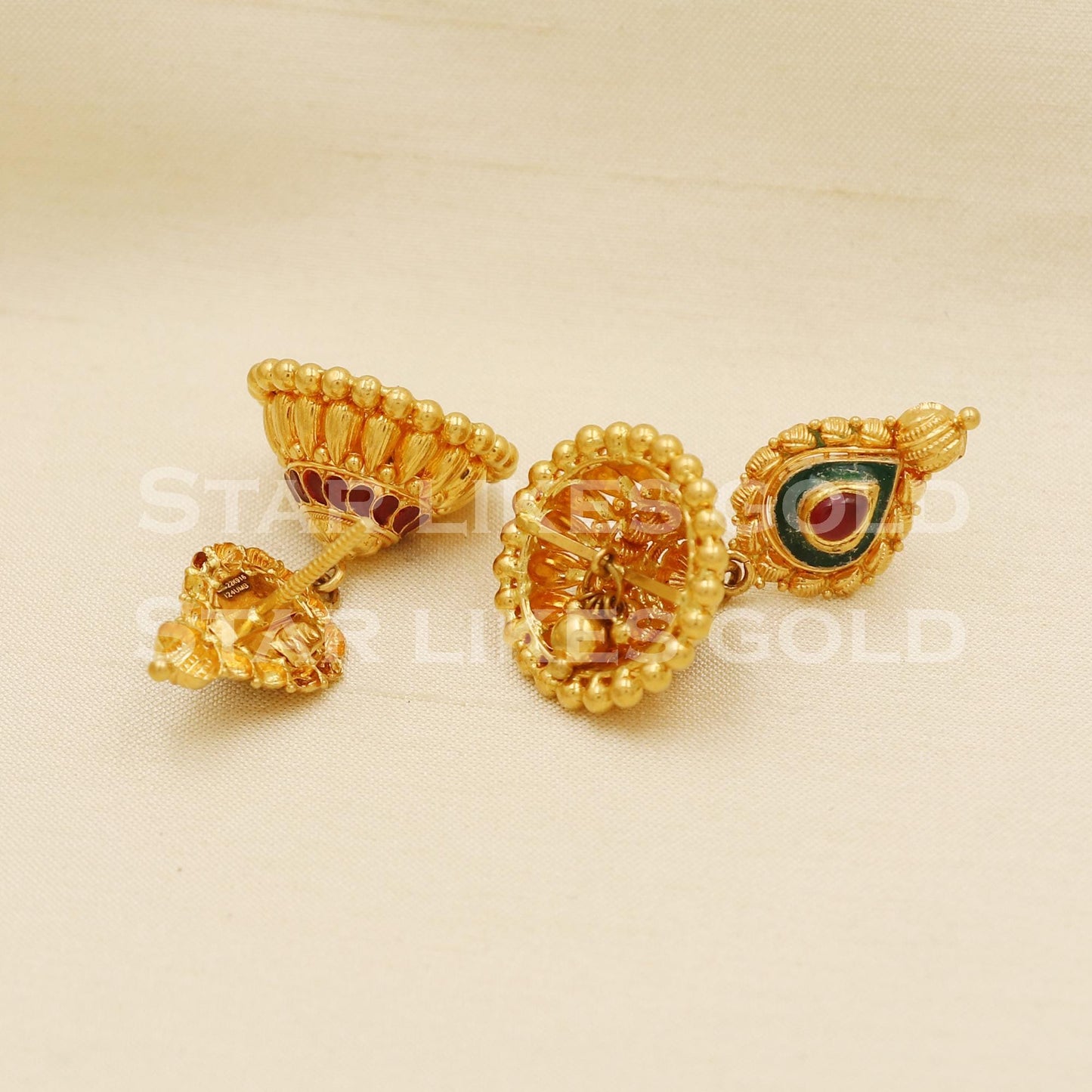 Hallmark 22k Gold Three-Tier Bridal Jhumki Earrings with Red And Green Enamel Accents, PR1305