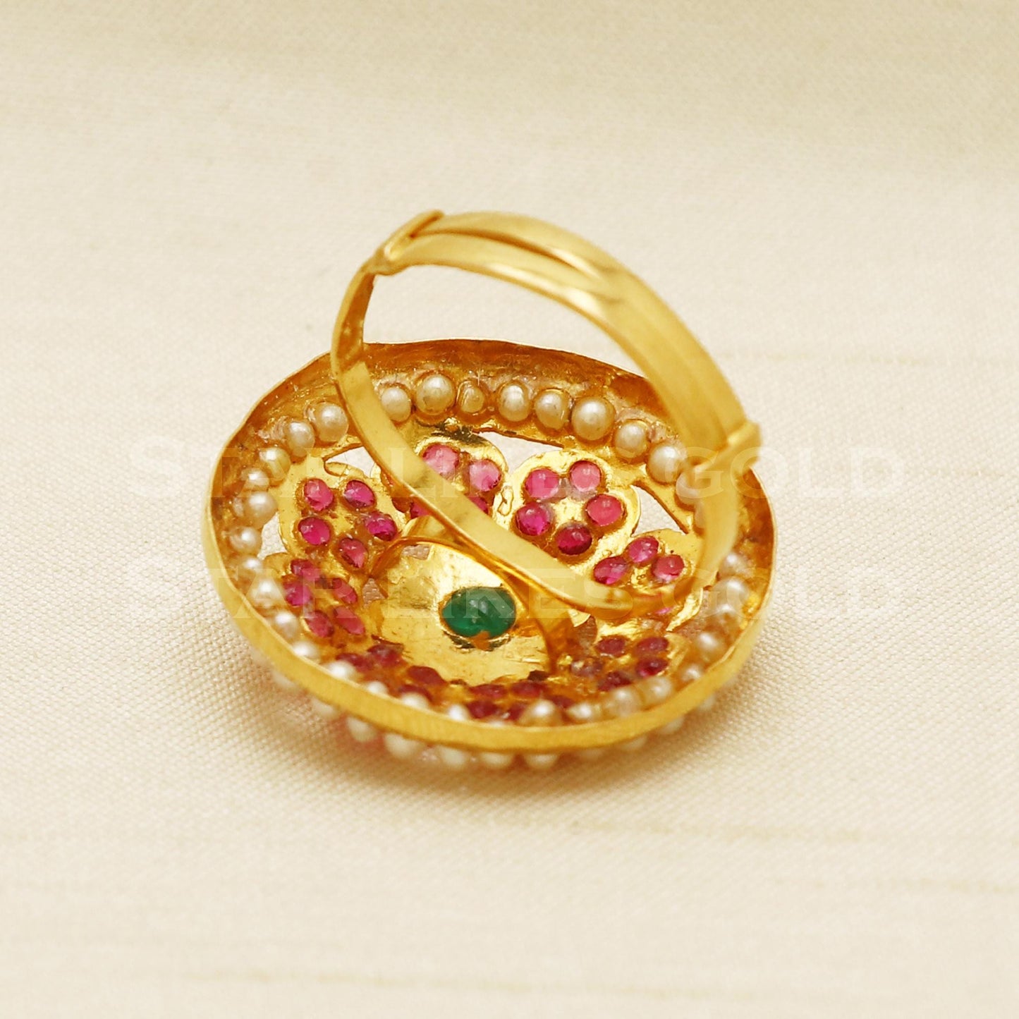 22K Gold Traditional Pearl & Ruby Stone Ring | Royal Jadau Style 916 Jewelry, PR1042