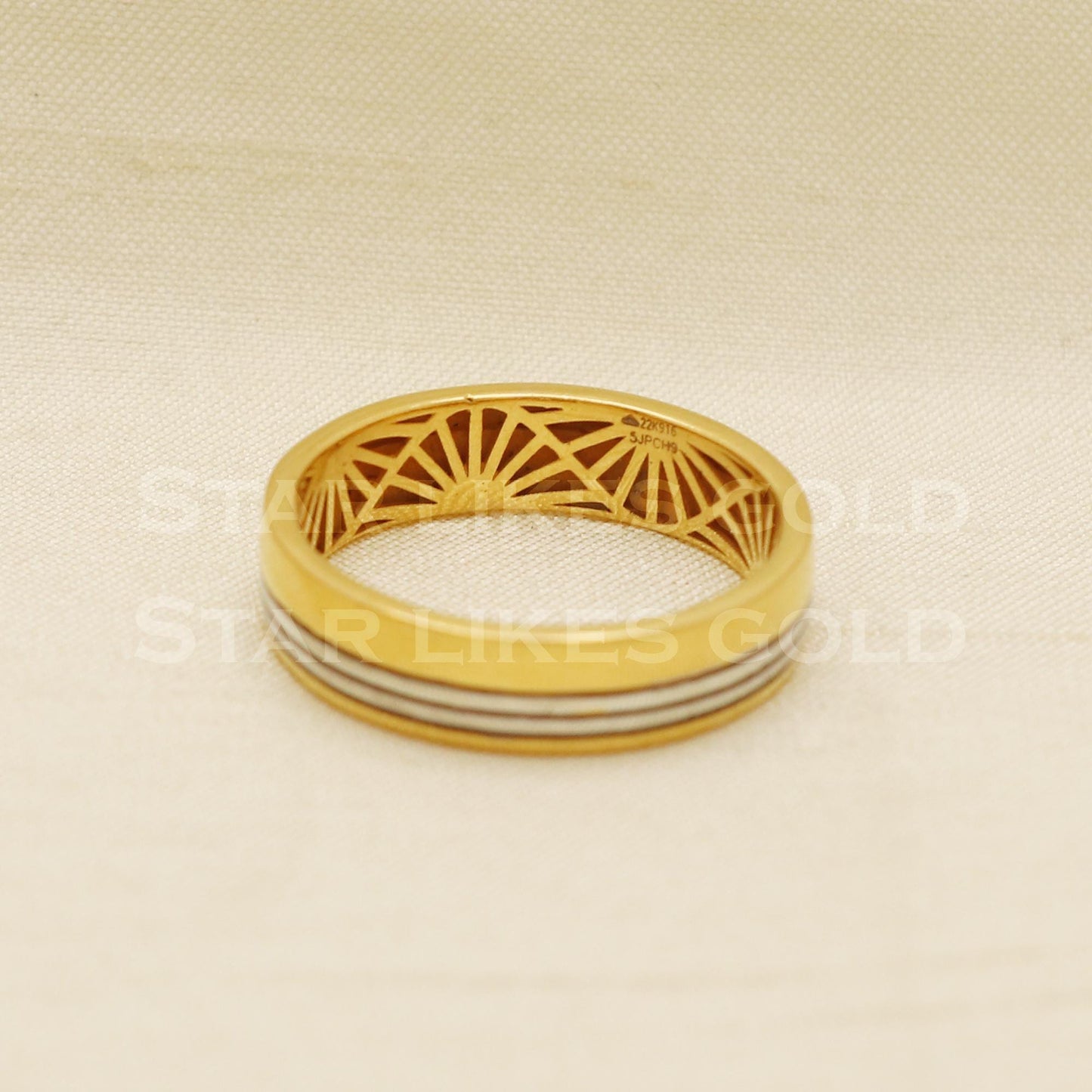 Modern 22K Gold Dual-Tone Band Ring | Sleek Horizontal Stripe Design, PR1072