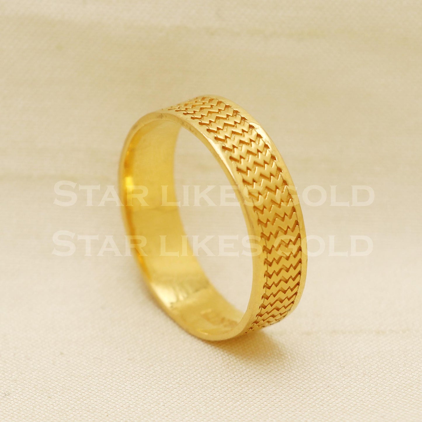 22K Gold Chevron Texture Band Ring | Modern Zigzag Pattern Gold Ring, PR1074