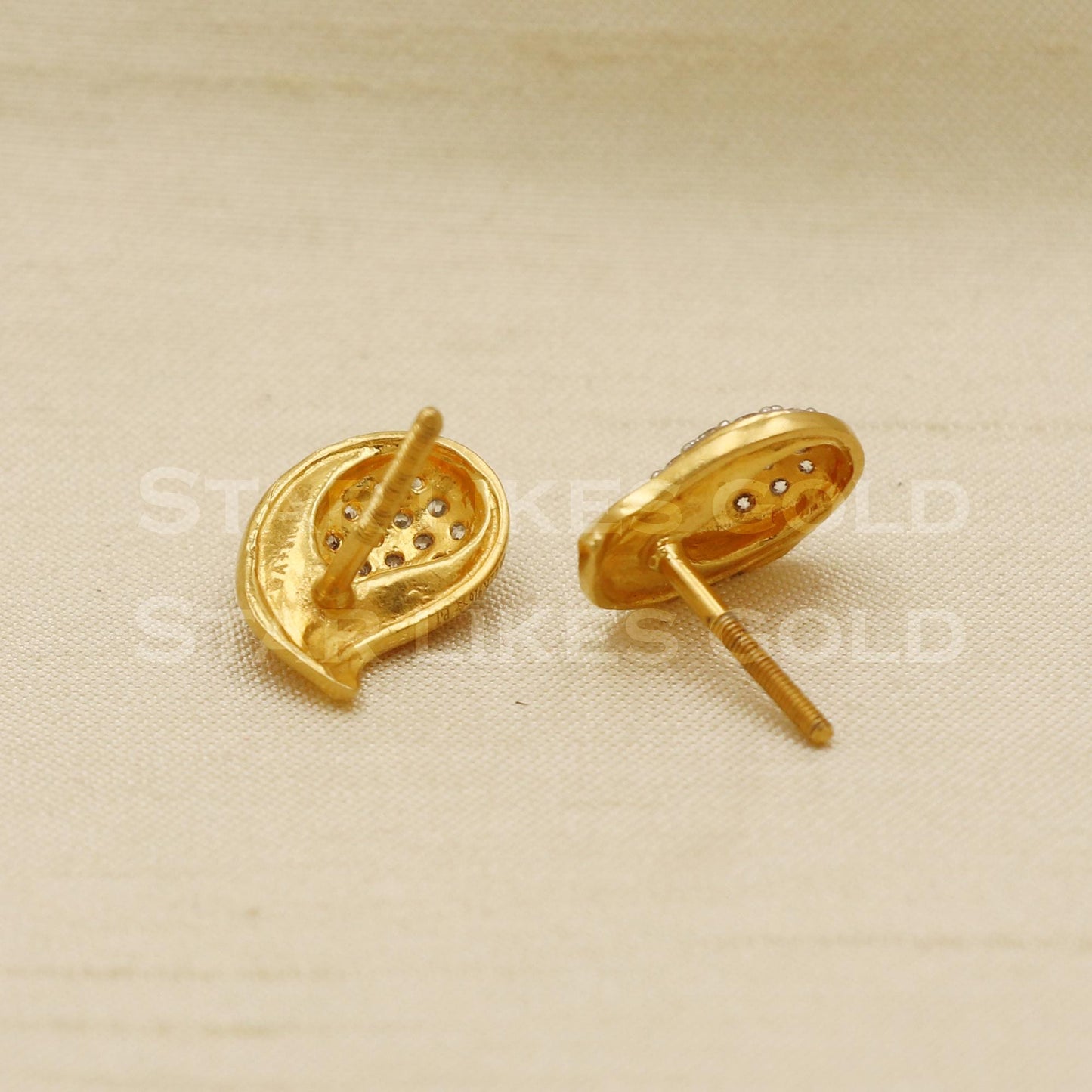 Hallmark 22k Gold Paisley Stud Earrings with Shimmering White Stones, PR1105