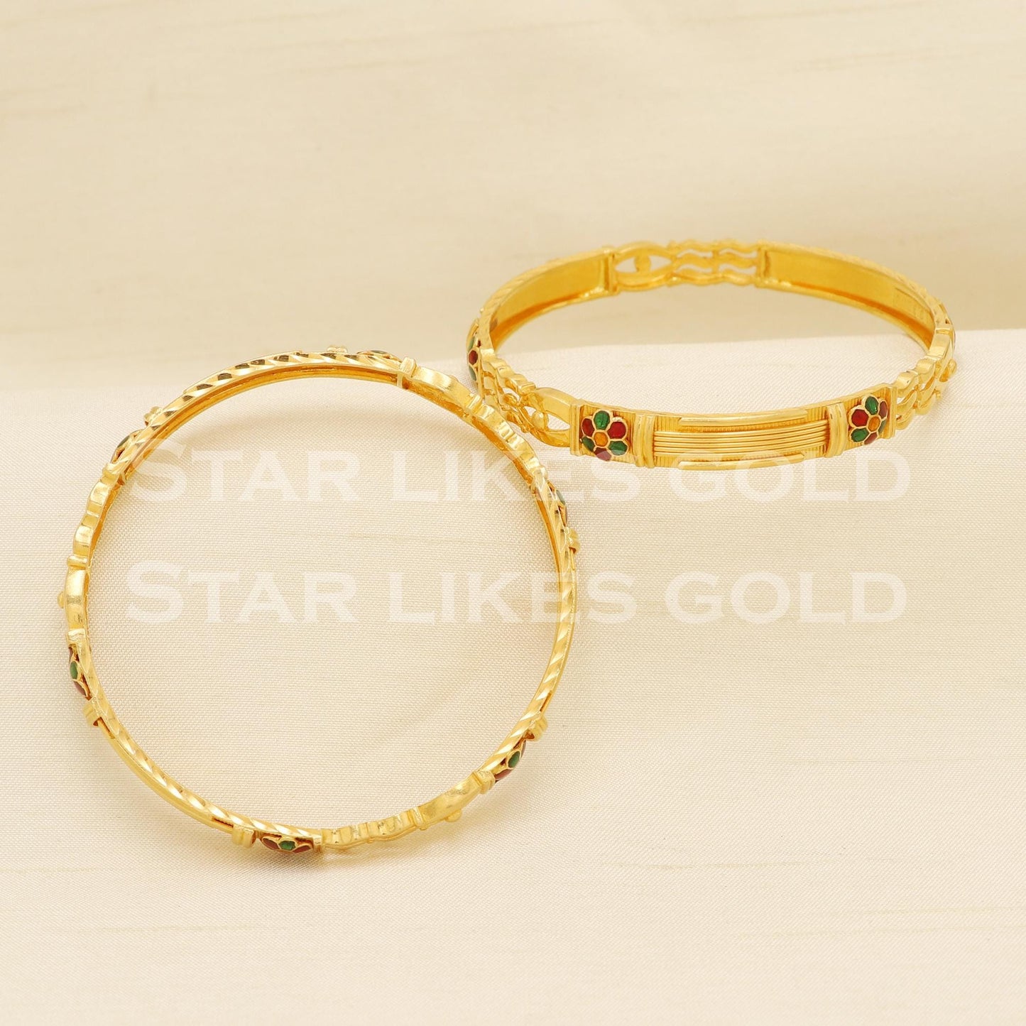 22K 22 Karat Gold Red Green Enamel Designer Bangles Set of 2, PR1516