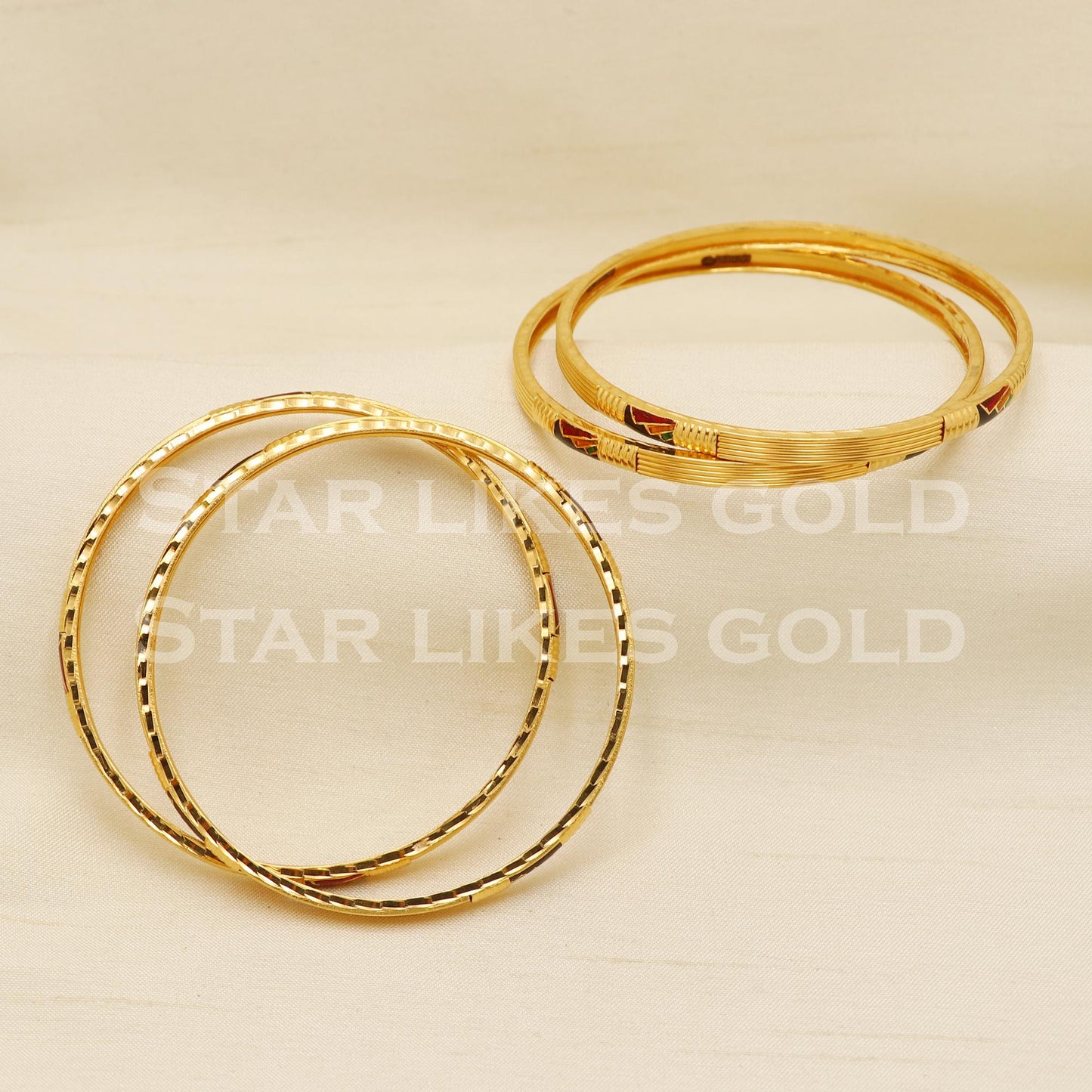 22K Gold Traditional Textured Bangle Pair with Meena Design for Women, PR1570