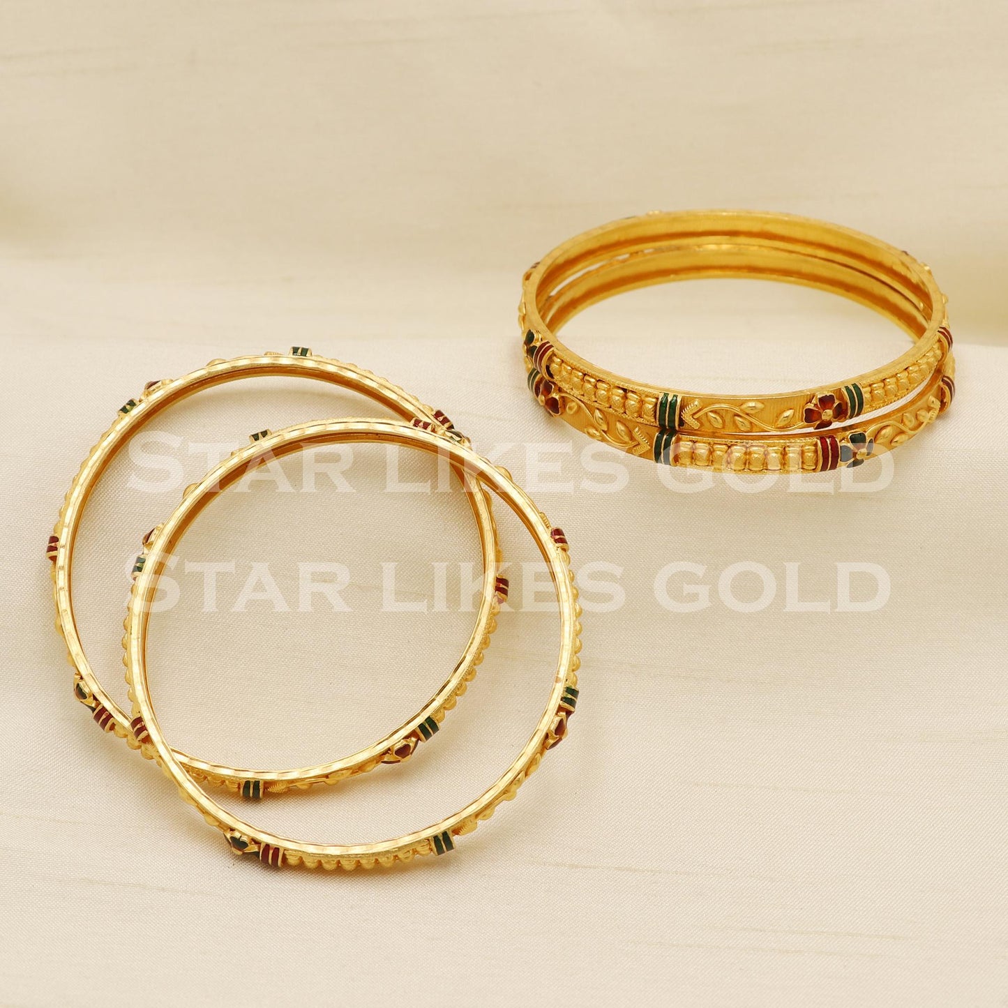 22 Carat Hallmark Gold Red Green Meena Work Bangles Set of Four, PR1575