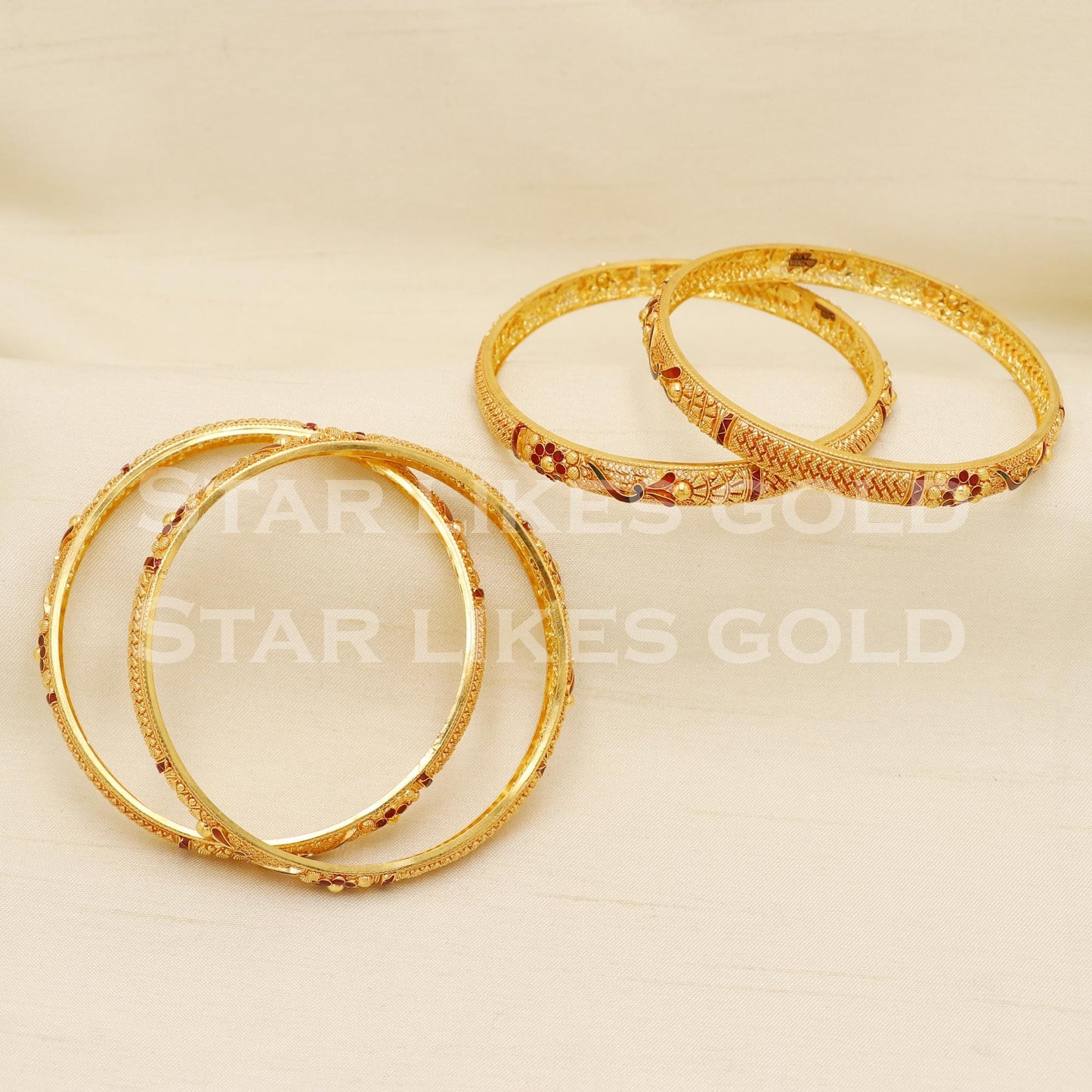 22K 916 Hallmark Gold Antique Meenakari Bangles Set of 4 Bridal Red Green, PR1584