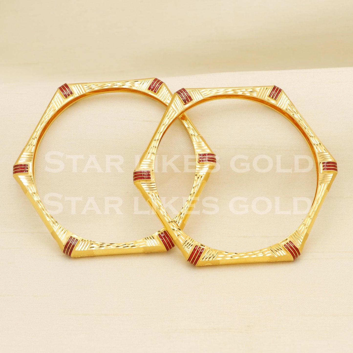 22K 916 Hallmark Gold Octagon Shape Designer Bangle Pair with Red Enamel Work, PR1492