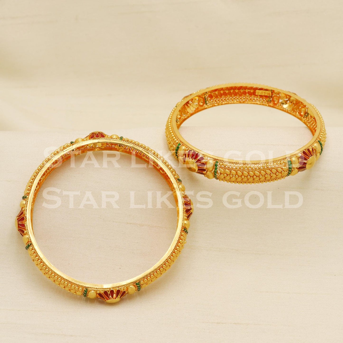 22K 22 Karat Gold Red Green Designer Bridal Bangles Set of 2, PR1596