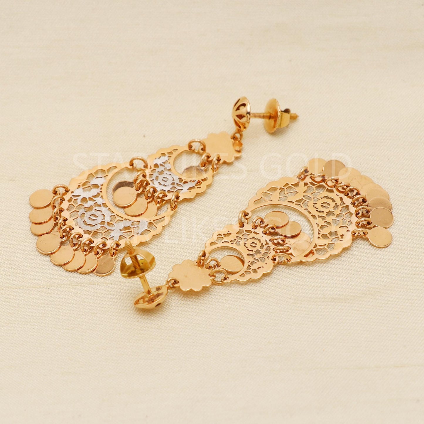 Hallmark 22k Gold Three-Tier Floral Jaali Drop Earrings with Dual Tone Finish, PR1686
