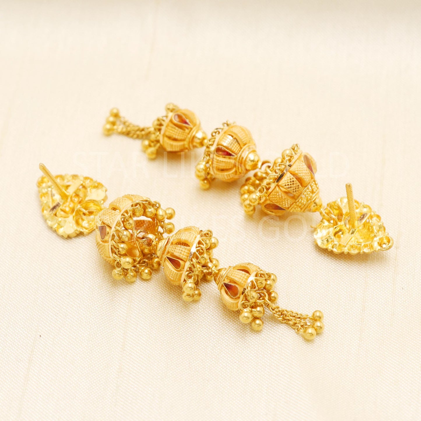 Elegant 22k Gold Long Triple Layer Jhumka - Hallmark Certified Wedding Wea, B1698