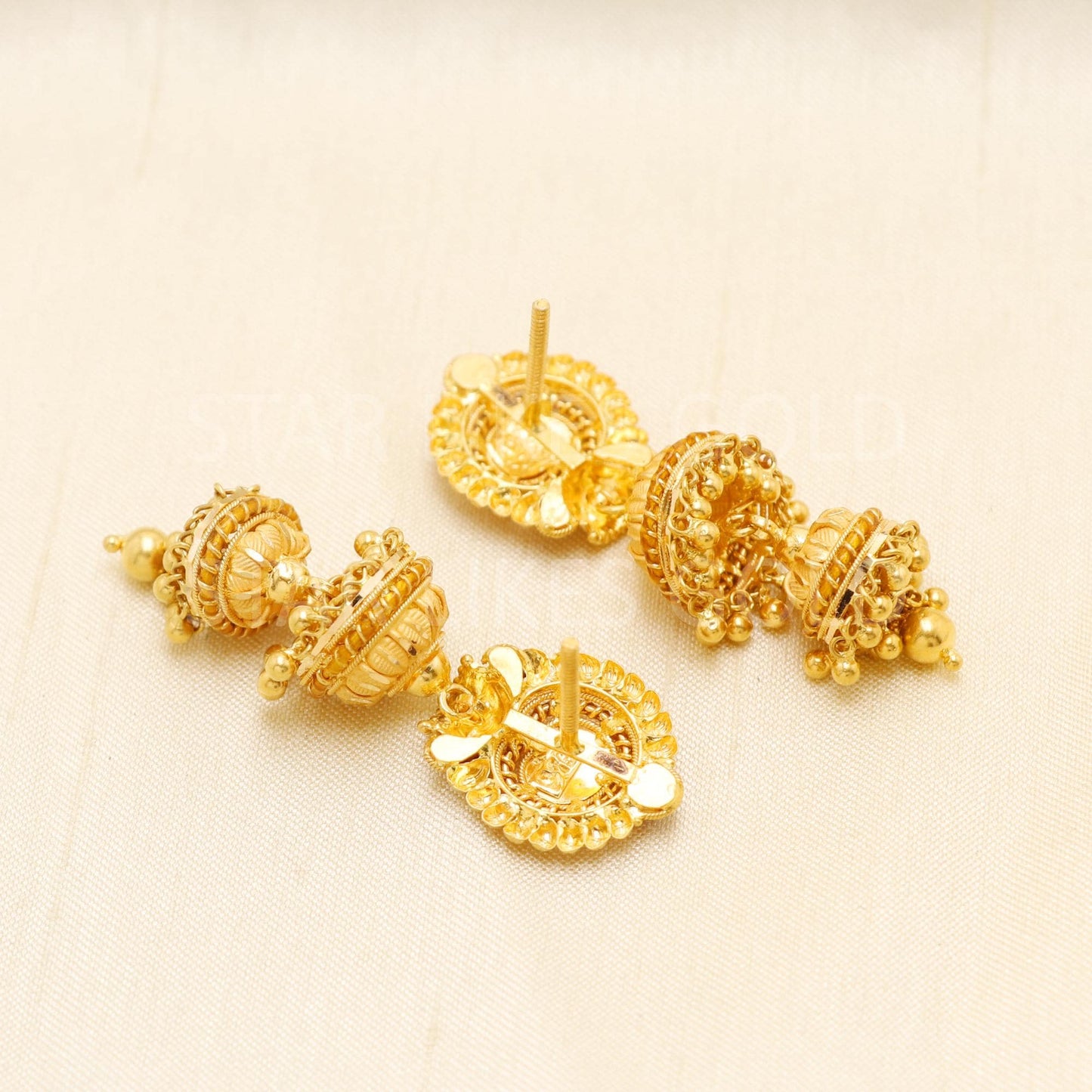 Intricate 22k Gold Leaf Motif Triple Jhumka with Hallmark Certification, B1703