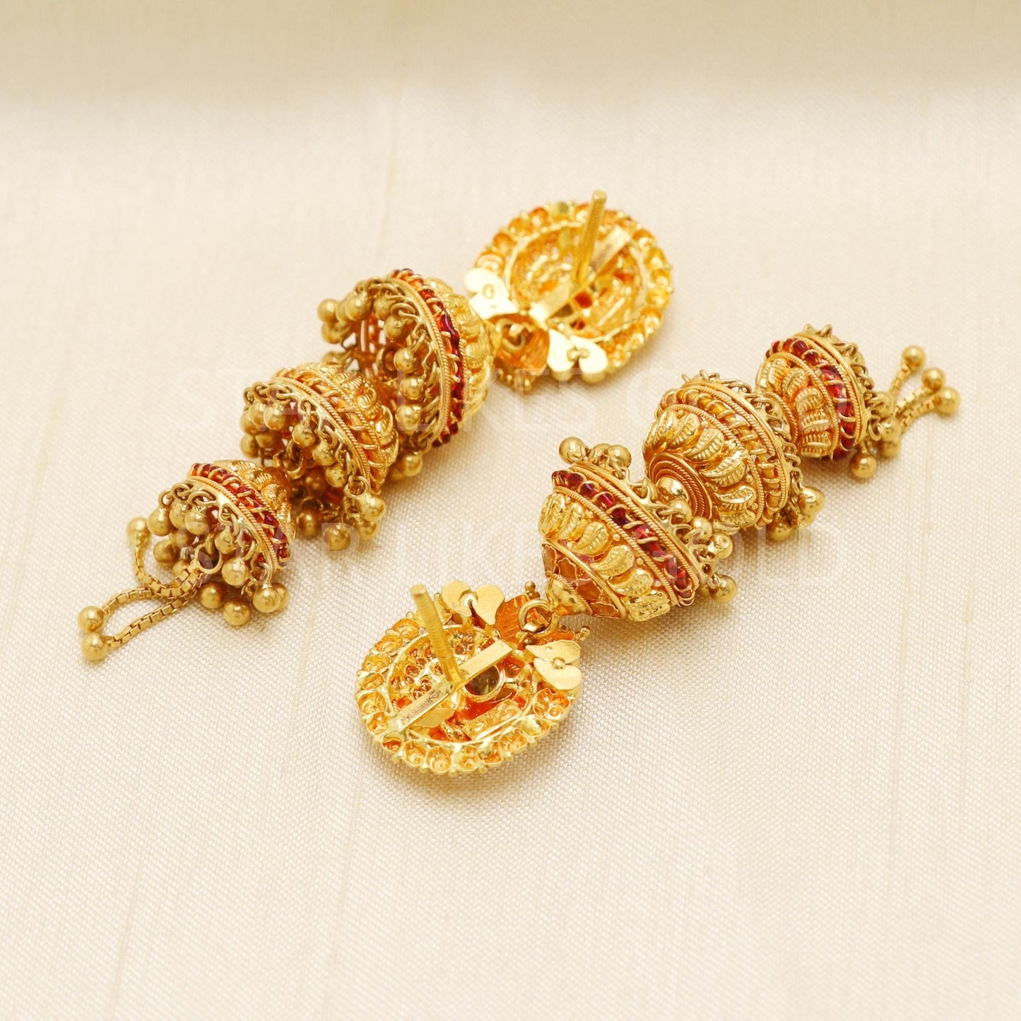 Hallmark 22k Gold Three-Tier Bridal Jhumki Earrings with Red Enamel Accents, B1687
