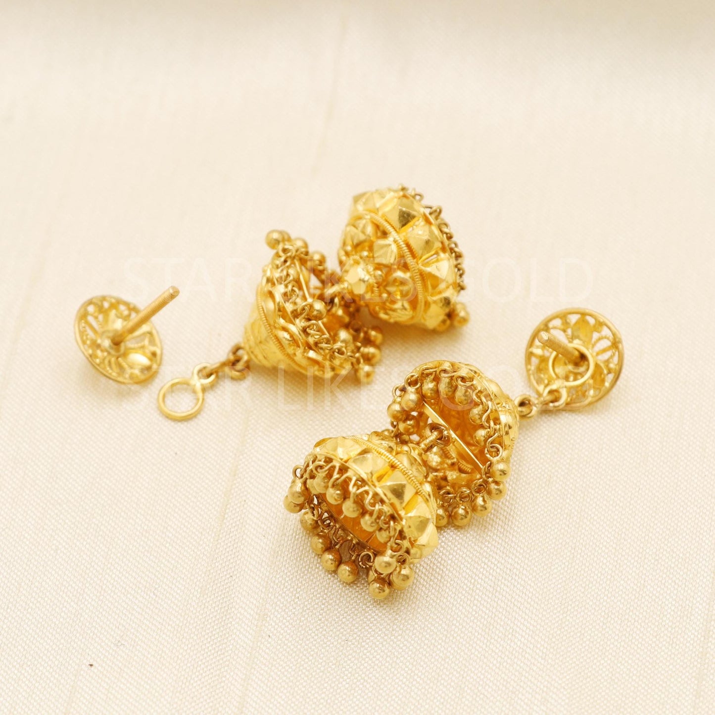 Intricate 22k Gold Leaf Motif Triple Jhumka with Hallmark Certification, B1704
