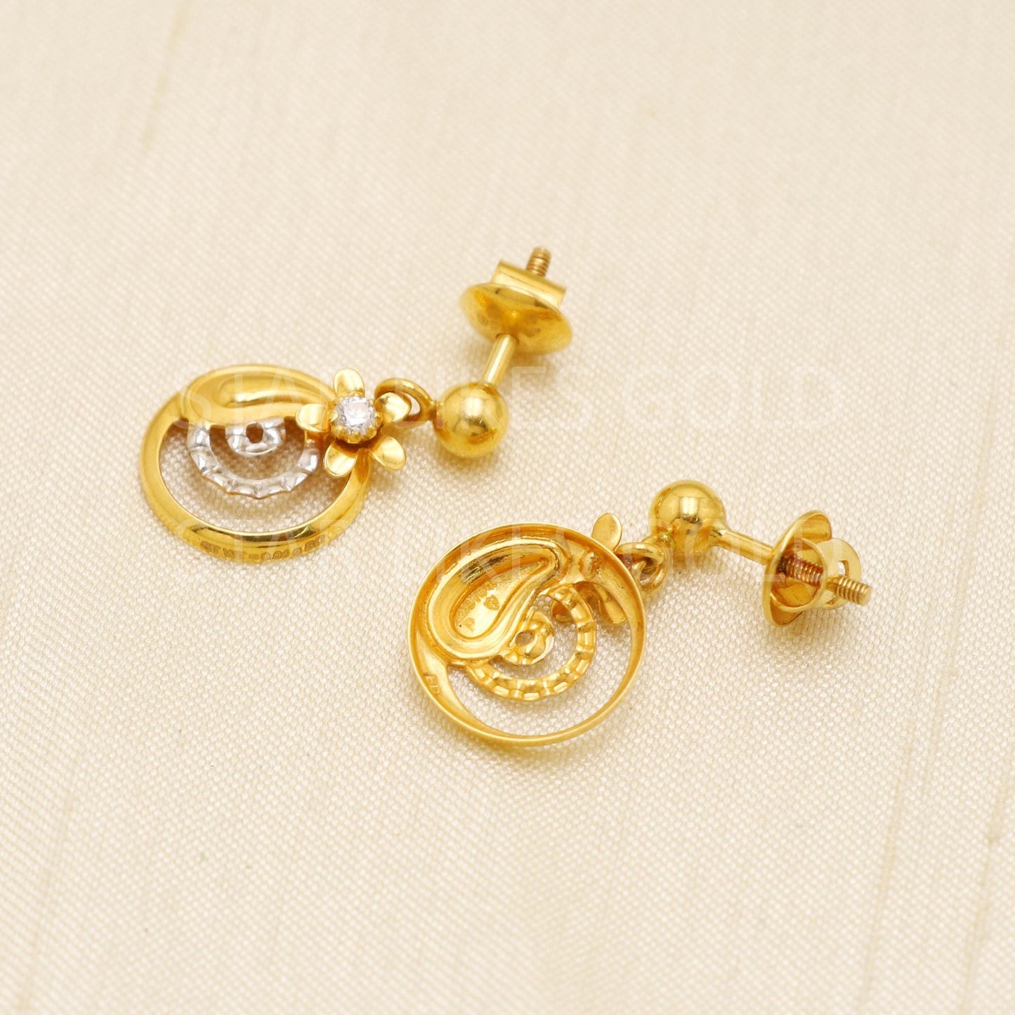 Hallmark 22k Gold Floral Swirl Drop Earrings with Sparkling White Stone, B1729