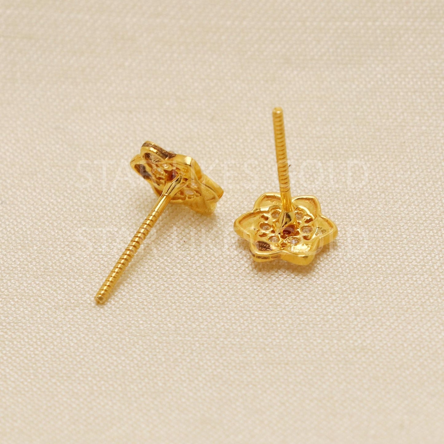 18K Gold Floral Stud Earrings | Ruby and CZ Flower Design | Secure Screw Back Indian Gold Jewelry