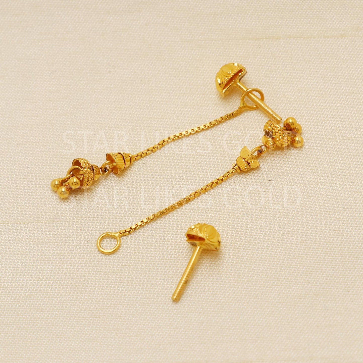 Dangling 22k Gold Chain Studs, Gold Beads Earrings