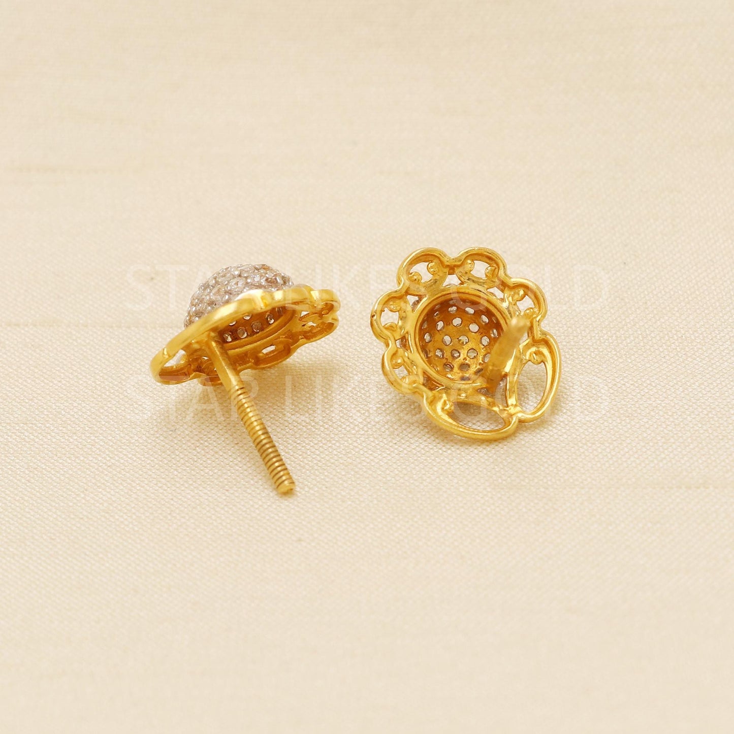 Unique 22k Gold Studs, Pave CZ Diamond Studs, Modern Two-Tone Earrings, Daily Wear Studs, Anniversary Gift, Gift For Her