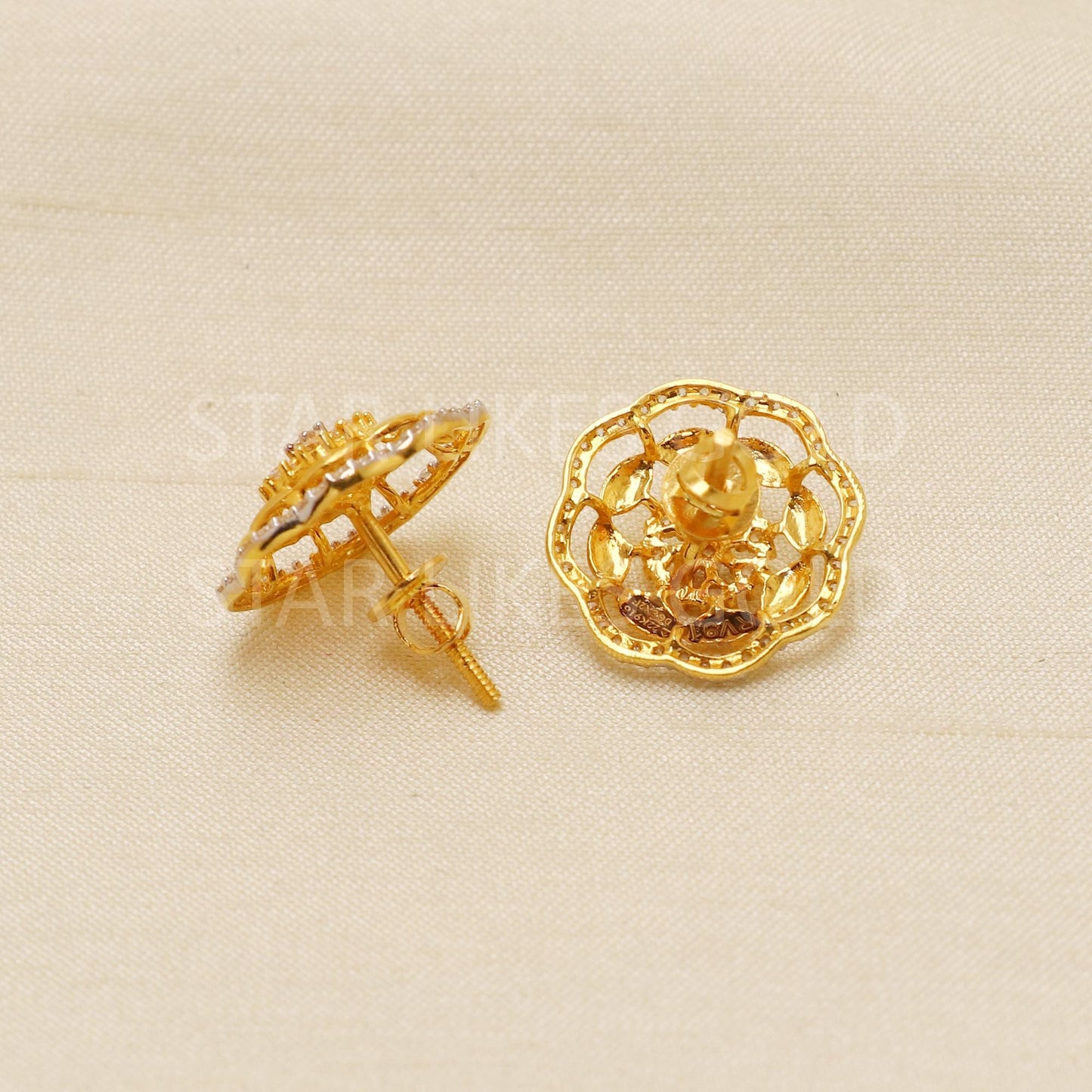 22k Gold Flower Studs, Diamond Petal Earrings, Pave CZ Gold Studs, Wedding Jewelry, Bridal Gift, Gift for Her