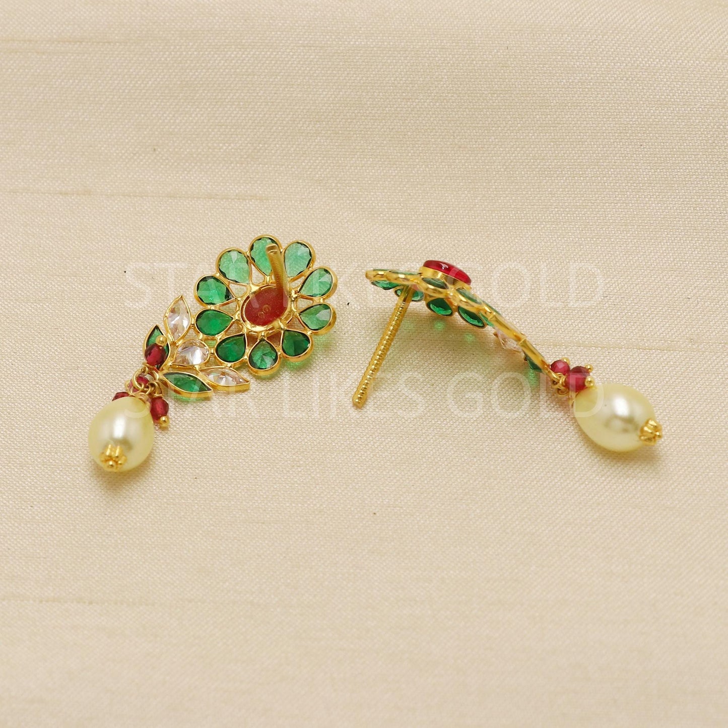 Multi Stone 18K Gold Tops Earrings with dangling pearl | Daily Wear Fine Indian Jewelry