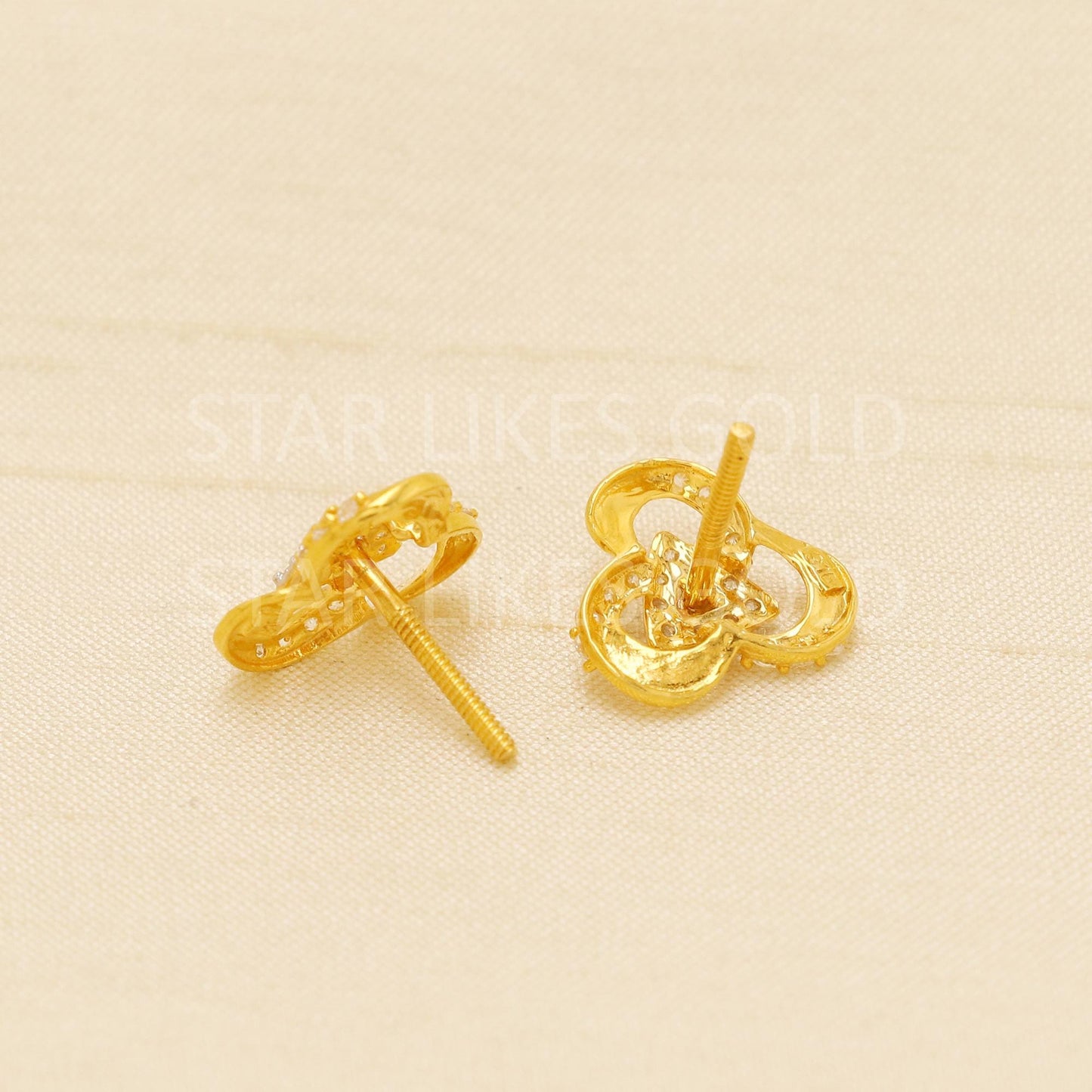 Flower Triangle Cz 22k 22 karat gold stud earrings jewelry, Small stud in 22k gold