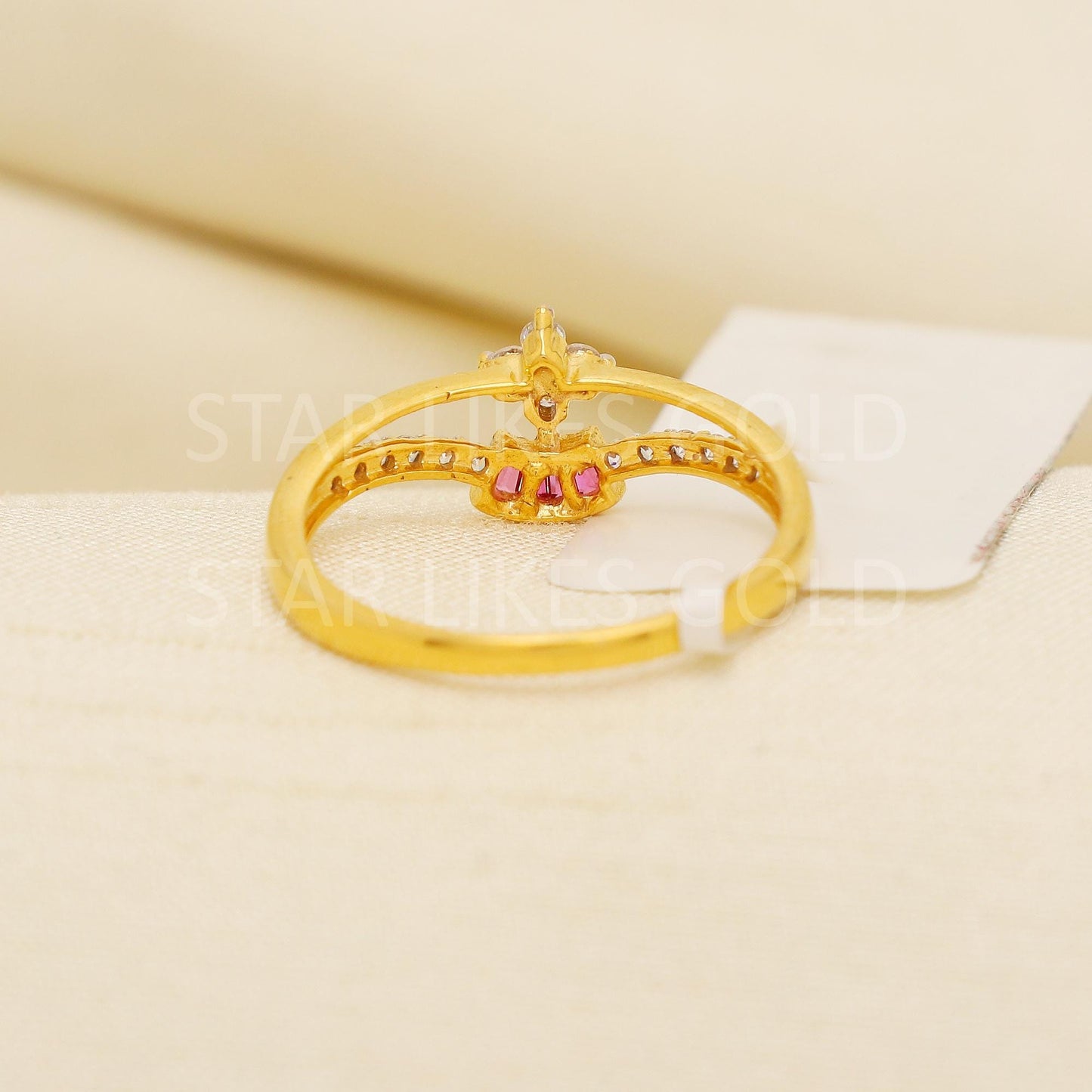 Luxurious 22K Gold V-Shape Ring with Ruby Red Accents and CZ Stones, PR2162