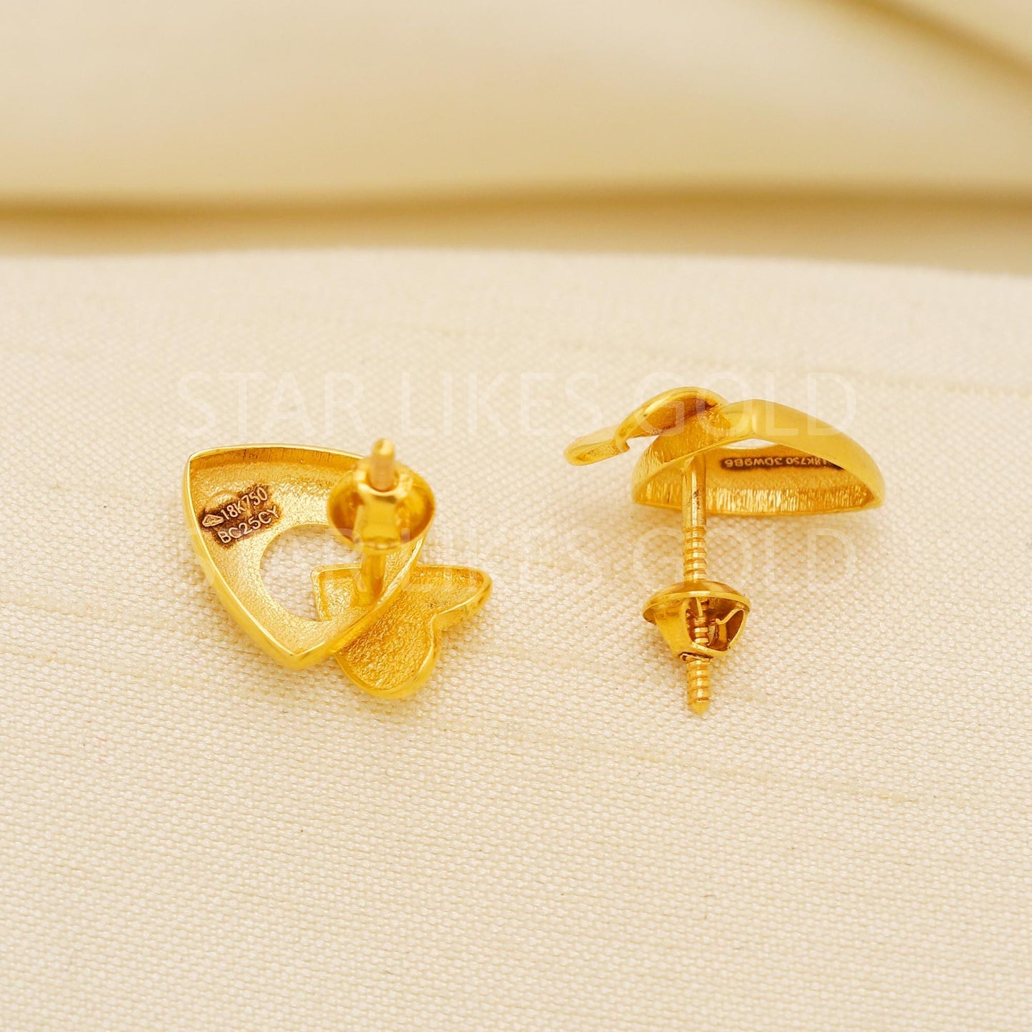 18K Gold Heart Stud Earrings Secure Screw Back Romantic Jewelry, PR2180
