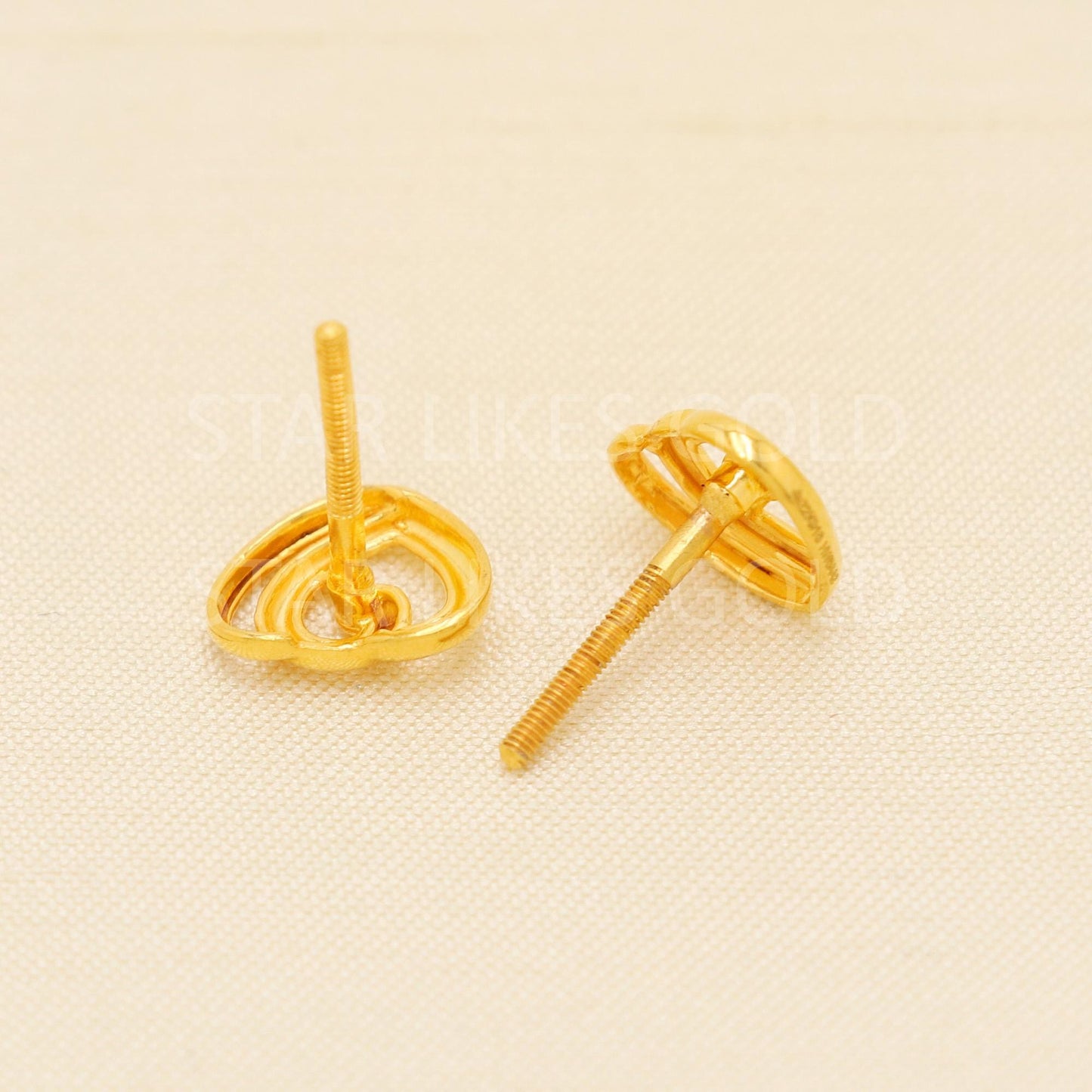 22K Gold Heart Stud Earrings Secure Screw Back Romantic Jewelry