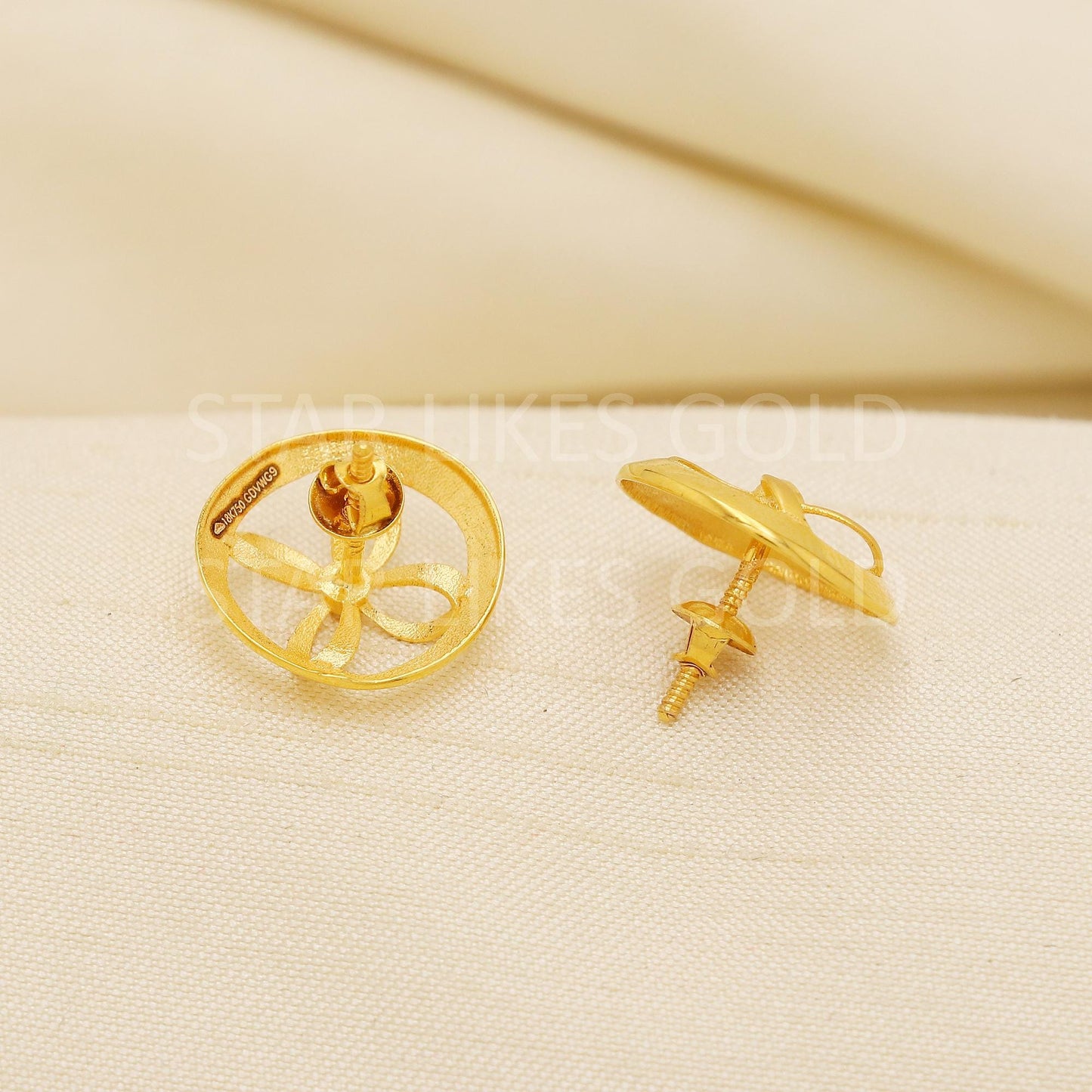 18K Gold Leaf Stud Earrings Secure Screw Back Romantic Jewelry, PR2183