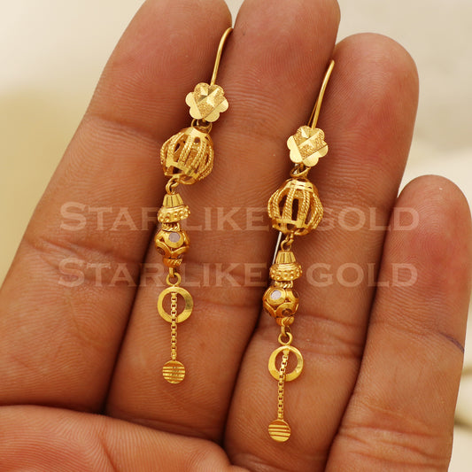 18k Yellow Gold Ear Wire Dangle Earrings Handmade Jewelry, B1543
