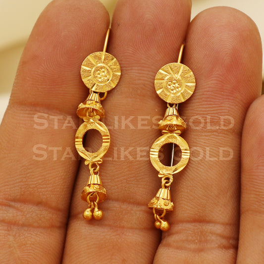 Beautiful 18k Yellow Gold Dangle Ear wire Earrings Handmade Jewelry, B1545