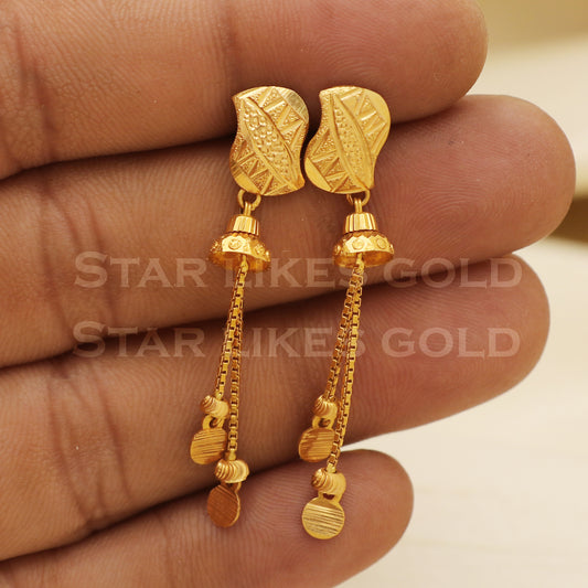18k Yellow Gold stud with Dangling chain Screw Back Earrings Handmade Jewelry, B1547