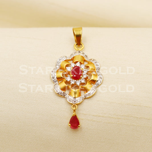 Zircon Ruby 22k Yellow Gold Handmade Pendant Jewelry, PR1175