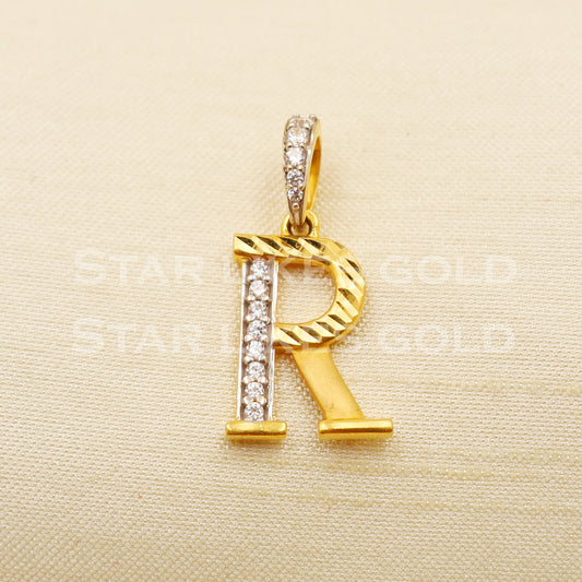 R Name Initial Zircon 22k Yellow Gold Handmade Charms Pendant light weight Jewelry, PR1198
