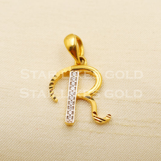 R Name Initial Zircon 22k Yellow Gold Handmade Charms Pendant light weight Jewelry, PR1201
