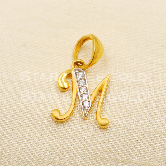 M Name Initial Zircon 18k Yellow Gold Handmade Charms Pendant light weight Jewelry, PR1205
