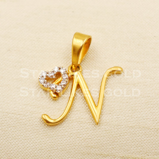N Name Initial Zircon 22k Yellow Gold Handmade Charms Pendant light weight Jewelry, PR1206